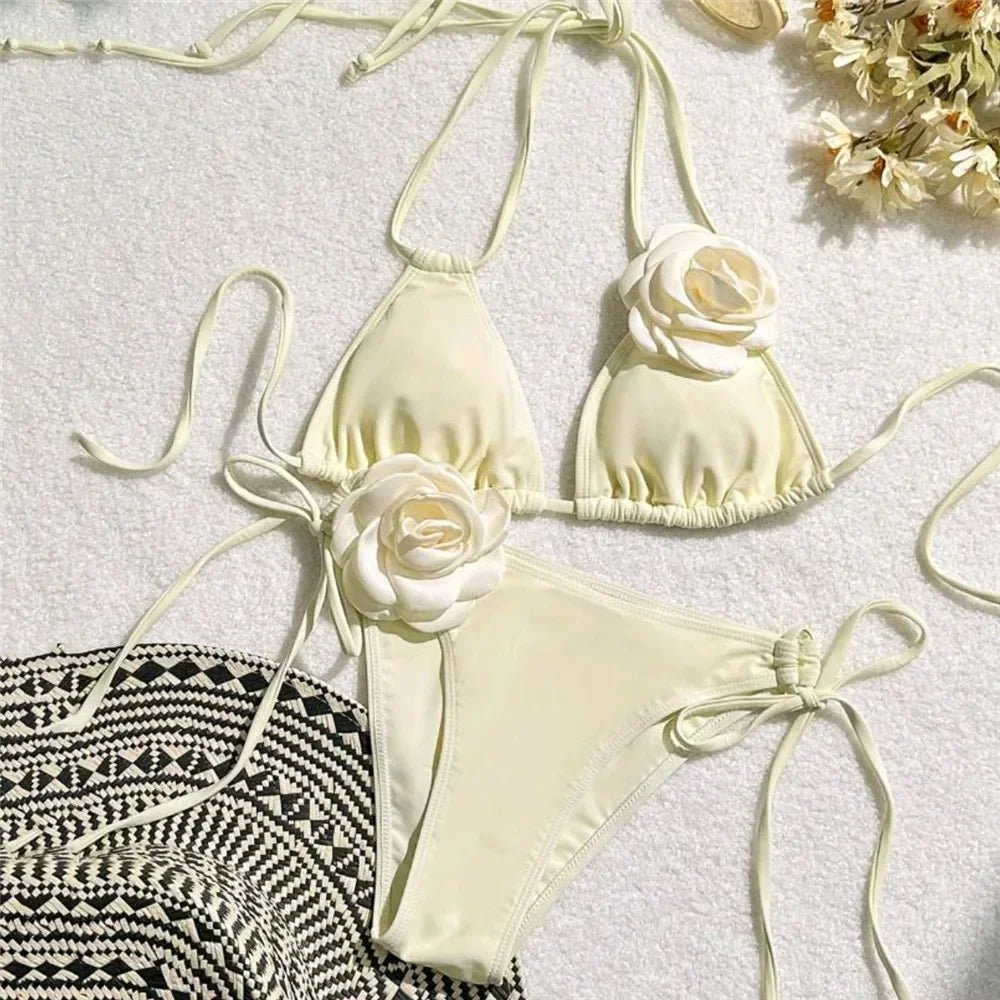 Sexy Bikini Set Women Swimsuit 2025 Black White 3D Floral Print Micro Bikinis Brazilian Cutout Beach- La Tienda Bella