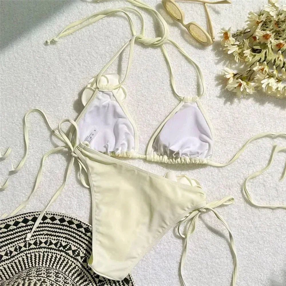 Sexy Bikini Set Women Swimsuit 2025 Black White 3D Floral Print Micro Bikinis Brazilian Cutout Beach- La Tienda Bella