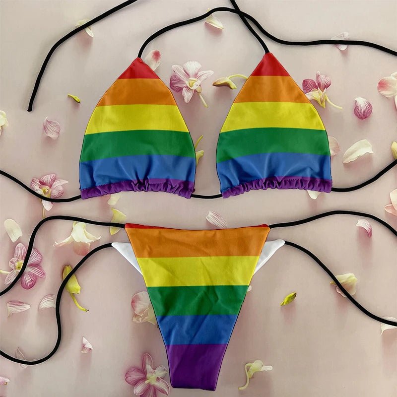 Sexy Rainbow Printed Bikini Women`s Swimsuit Female Swimwear Woman Mini Thong Bikinis Set Bather Beachwear  - La Tienda Bella