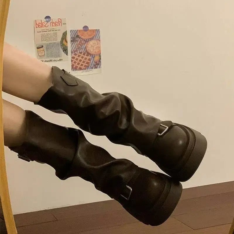 Shoes for Women Mid - Calf Women's Boots Platform Modern Boots Women Belt Buckle Square Toe Side Zip Square Heel Shoes Female - La Tienda Bella