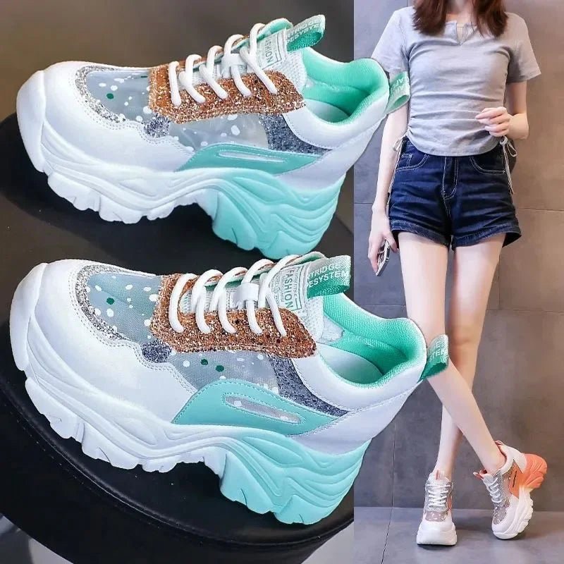 Shoes for Women Platform Shoes Autumn Women Casual Breathable Mesh Sequin Sneakers Wedges Sports Lace - up Non - slip Shoes - La Tienda Bella