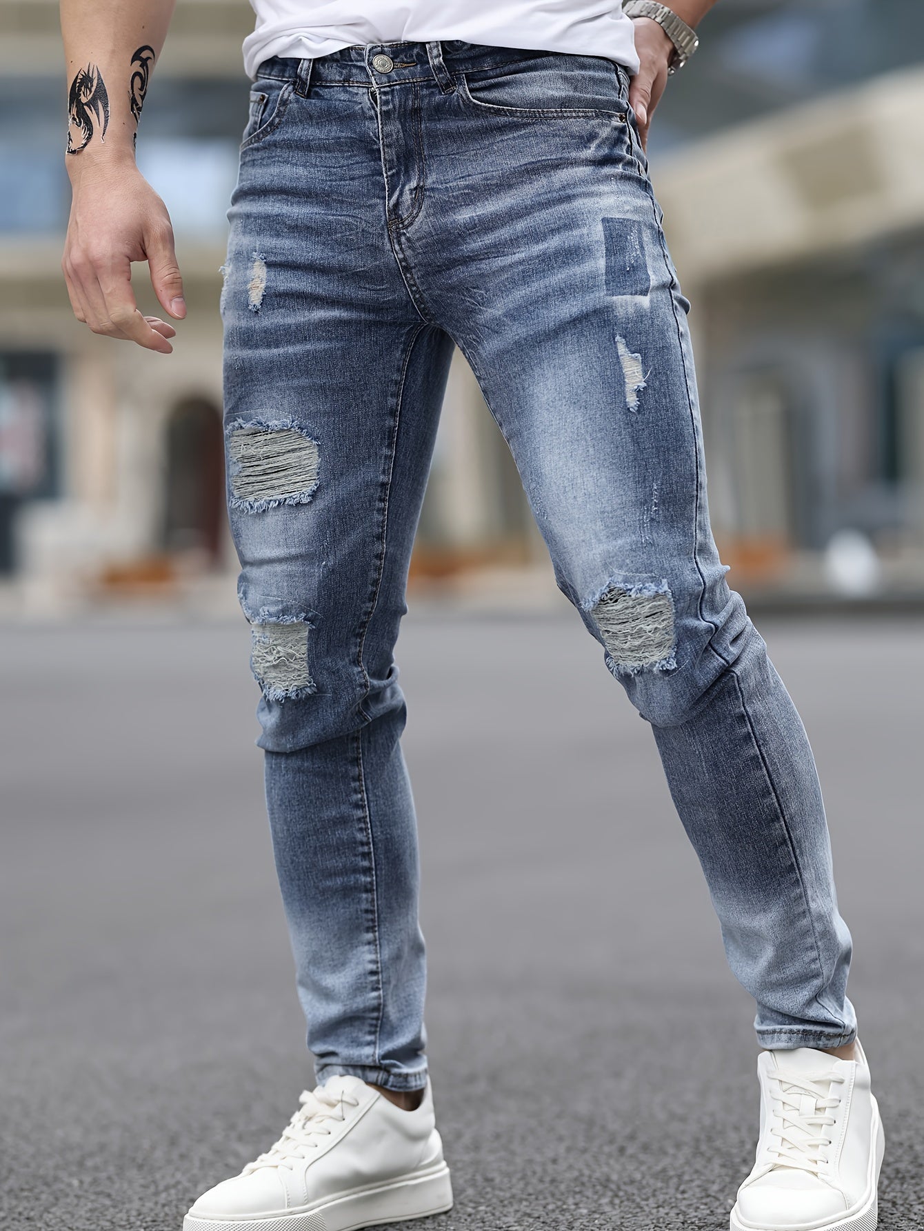 Stretch Denim Men's Fashion Ripped Jeans, Comfort Fit Casual Pants, Washed Blue Distressed Streetwear Style Trousers For Men - La Tienda Bella