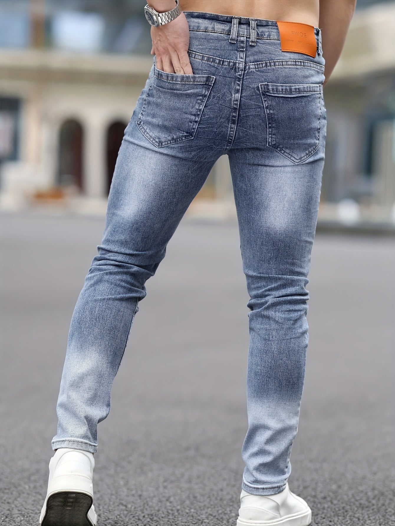 Stretch Denim Men's Fashion Ripped Jeans, Comfort Fit Casual Pants, Washed Blue Distressed Streetwear Style Trousers For Men - La Tienda Bella