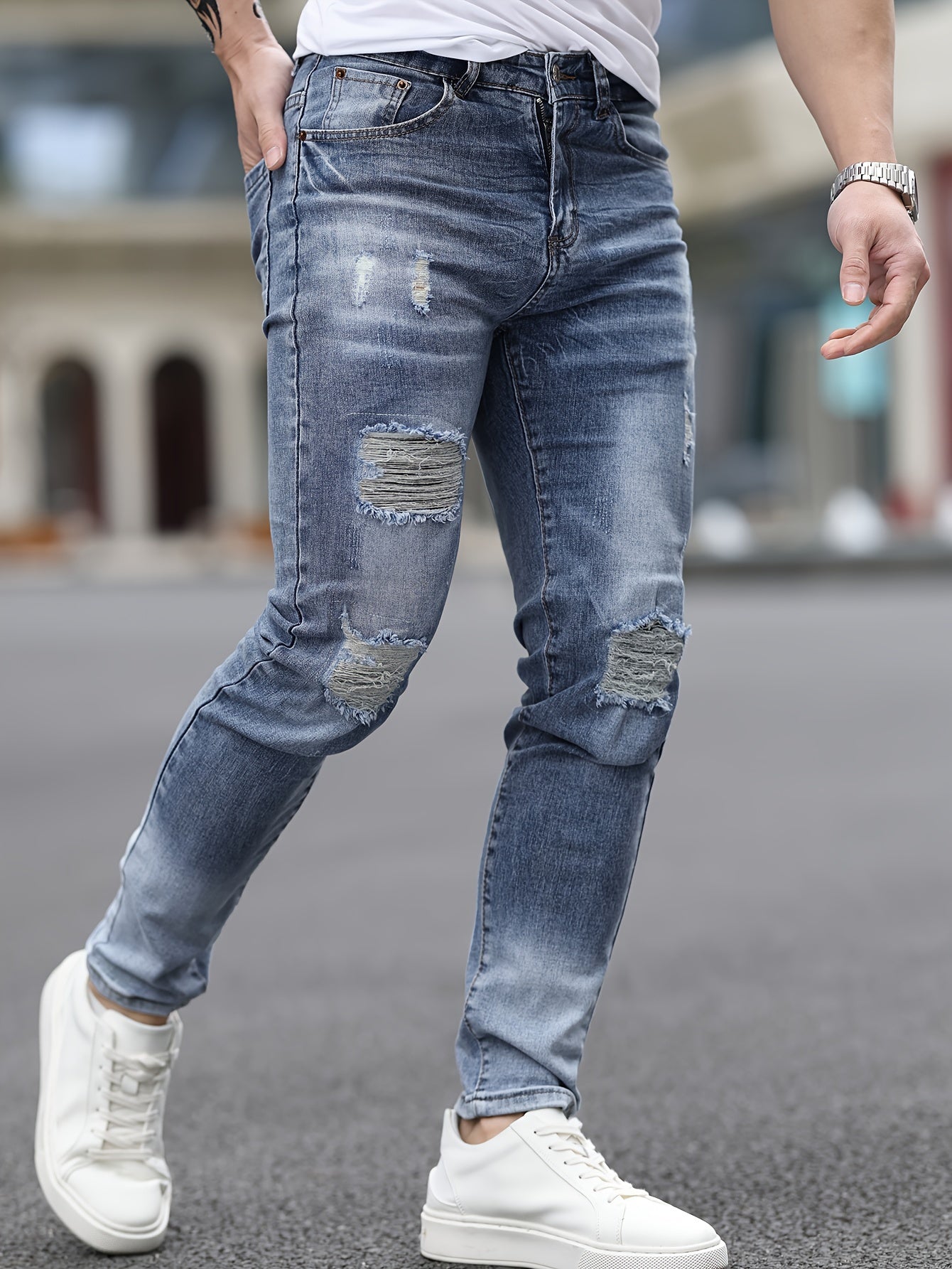Stretch Denim Men's Fashion Ripped Jeans, Comfort Fit Casual Pants, Washed Blue Distressed Streetwear Style Trousers For Men - La Tienda Bella