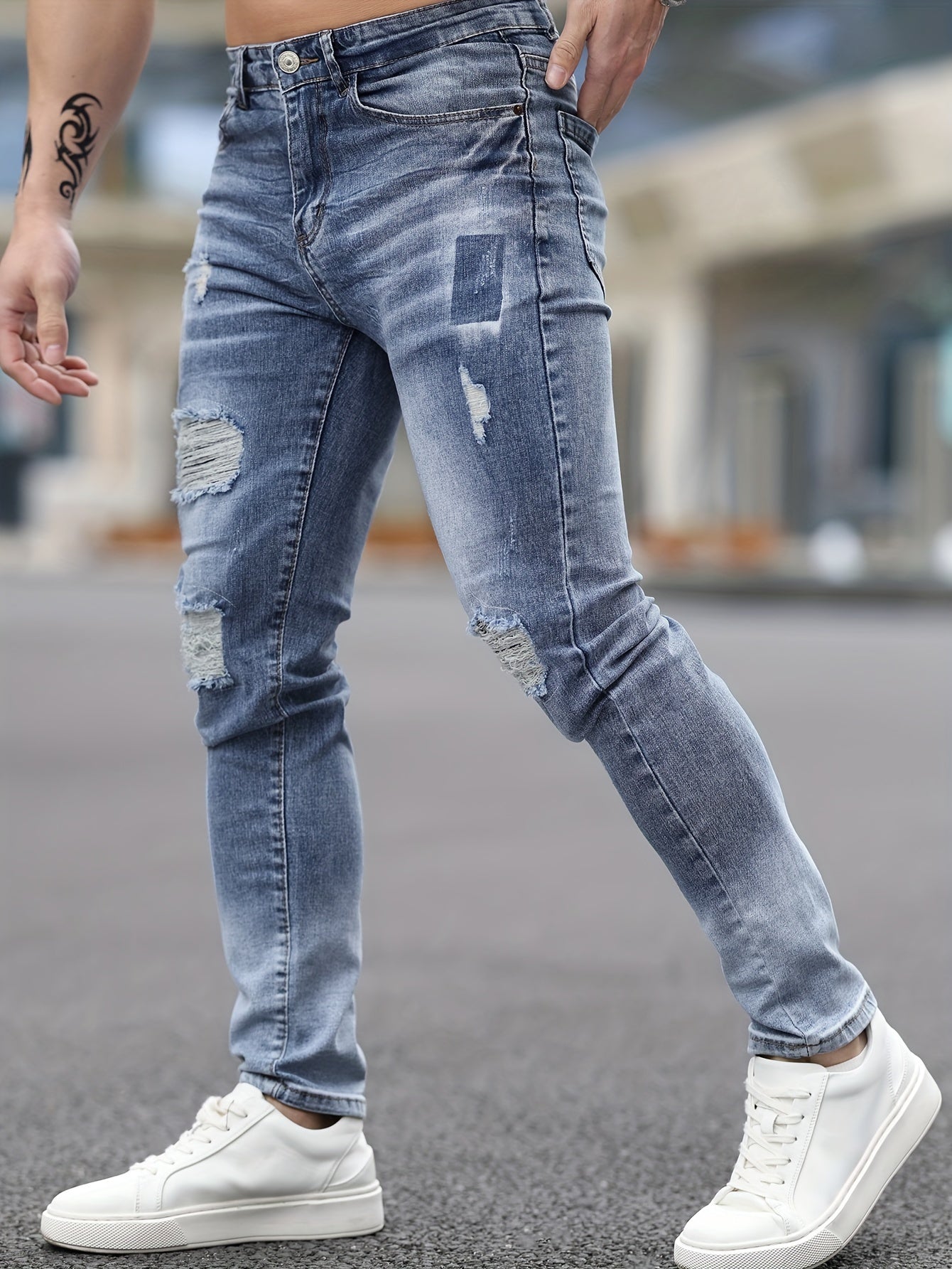 Stretch Denim Men's Fashion Ripped Jeans, Comfort Fit Casual Pants, Washed Blue Distressed Streetwear Style Trousers For Men - La Tienda Bella