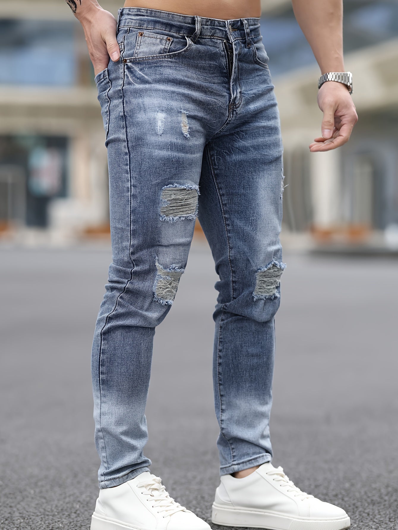 Stretch Denim Men's Fashion Ripped Jeans, Comfort Fit Casual Pants, Washed Blue Distressed Streetwear Style Trousers For Men - La Tienda Bella