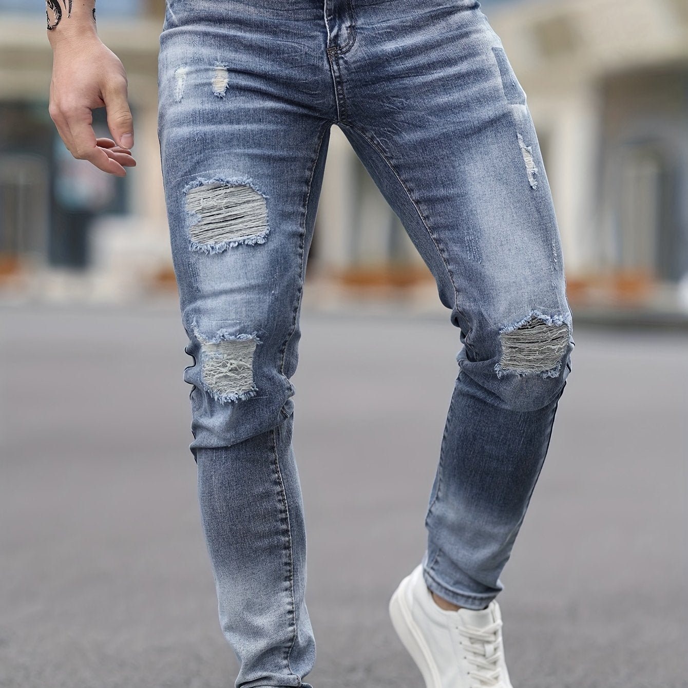 Stretch Denim Men's Fashion Ripped Jeans, Comfort Fit Casual Pants, Washed Blue Distressed Streetwear Style Trousers For Men - La Tienda Bella
