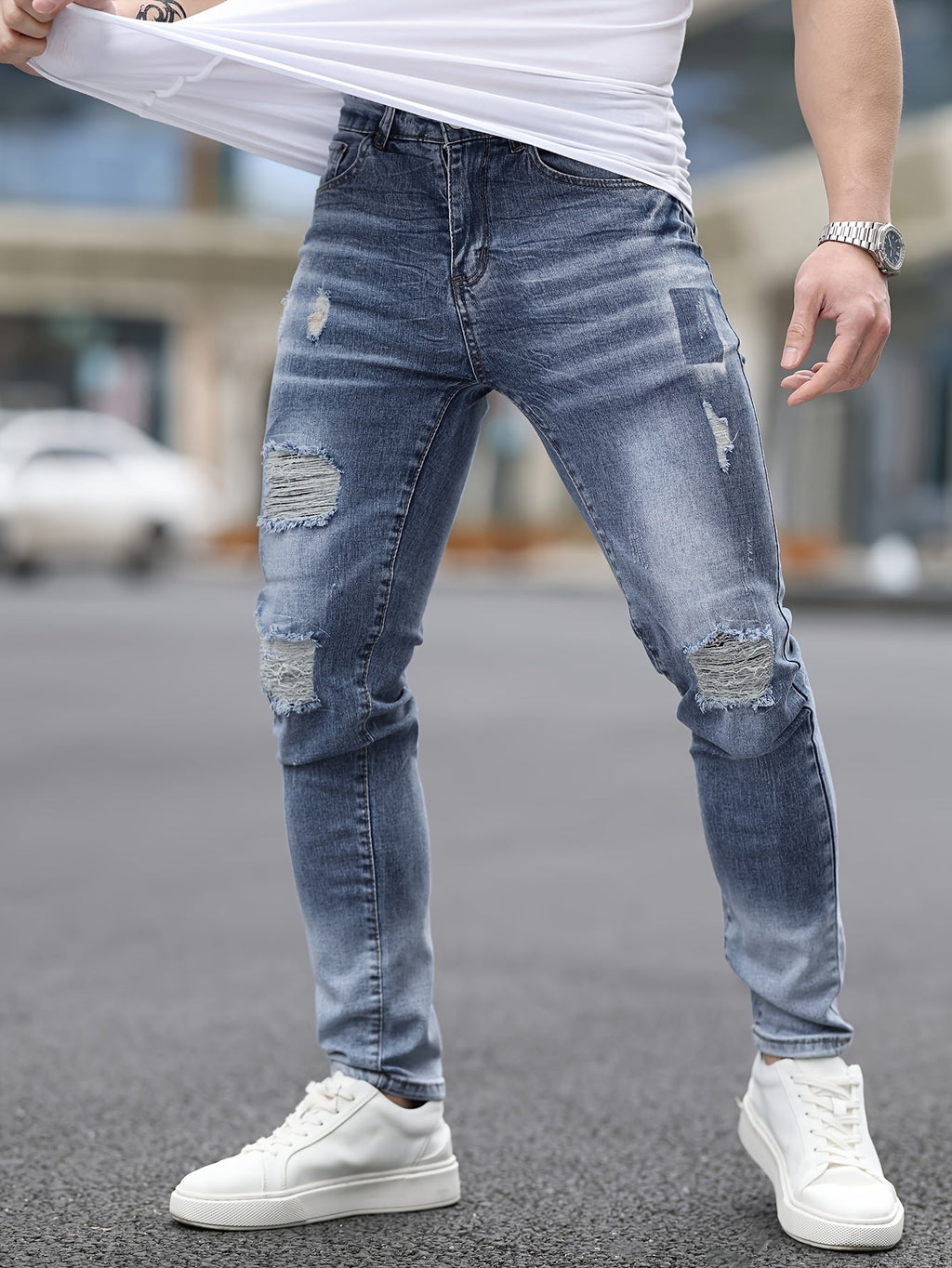 Stretch Denim Men's Fashion Ripped Jeans, Comfort Fit Casual Pants, Washed Blue Distressed Streetwear Style Trousers For Men - La Tienda Bella