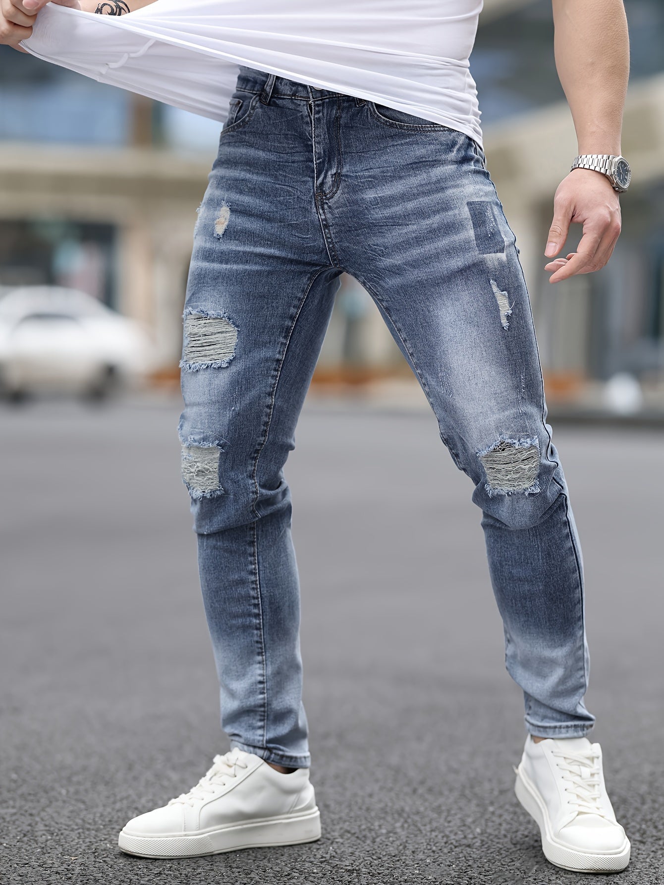 Stretch Denim Men's Fashion Ripped Jeans, Comfort Fit Casual Pants, Washed Blue Distressed Streetwear Style Trousers For Men - La Tienda Bella