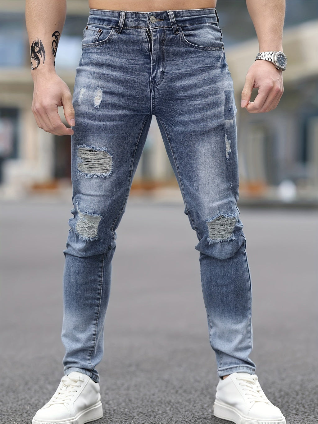 Stretch Denim Men's Fashion Ripped Jeans, Comfort Fit Casual Pants, Washed Blue Distressed Streetwear Style Trousers For Men - La Tienda Bella