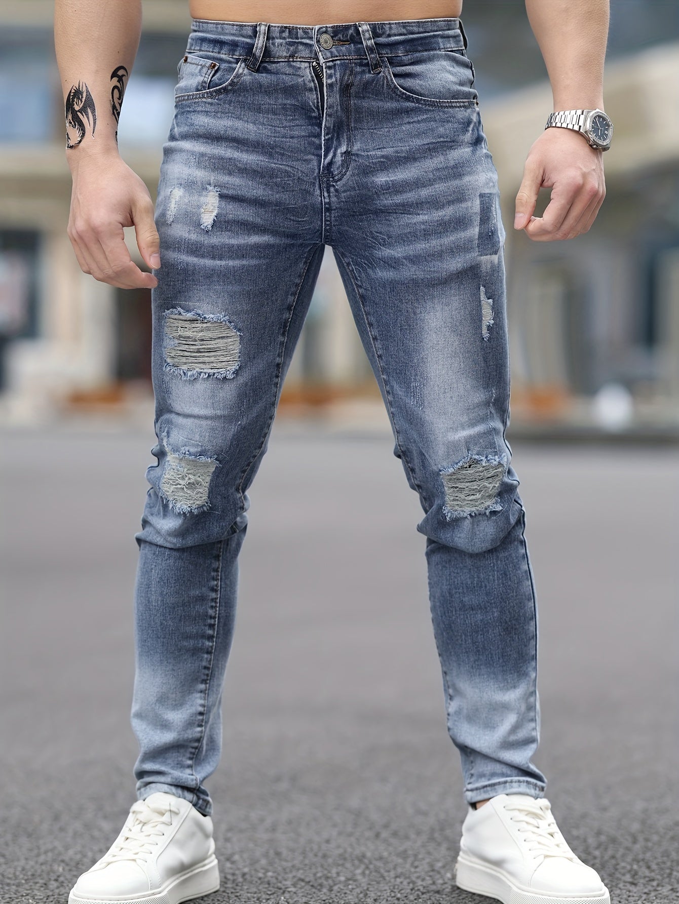 Stretch Denim Men's Fashion Ripped Jeans, Comfort Fit Casual Pants, Washed Blue Distressed Streetwear Style Trousers For Men - La Tienda Bella
