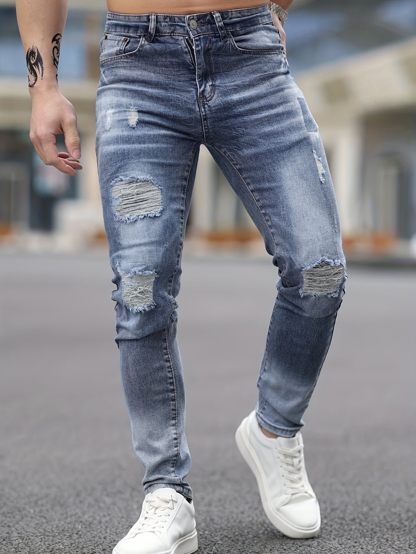 Stretch Denim Men's Fashion Ripped Jeans, Comfort Fit Casual Pants, Washed Blue Distressed Streetwear Style Trousers For Men - La Tienda Bella