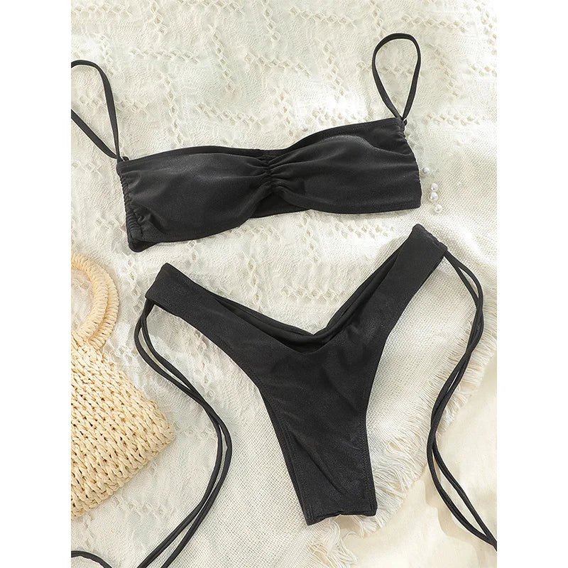 String Bikini Set Sexy Swimwear Women Swimsuit Black Color Beachwear High Cut Bikinis Push Up - La Tienda Bella