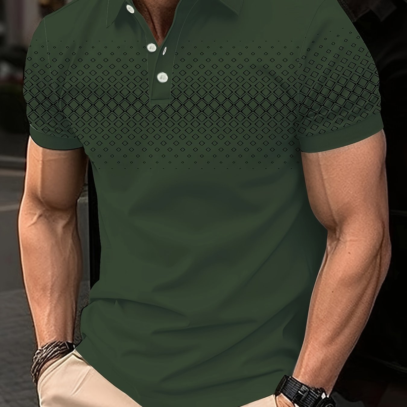 Summer Golf T-Shirt for Men - Crew Neck, Short Sleeve, Polyester, Regular Fit, Geometric Argyle Pattern, Button Placket, Slight Stretch, Breathable, Casual Tee for Tennis and Business - La Tienda Bella