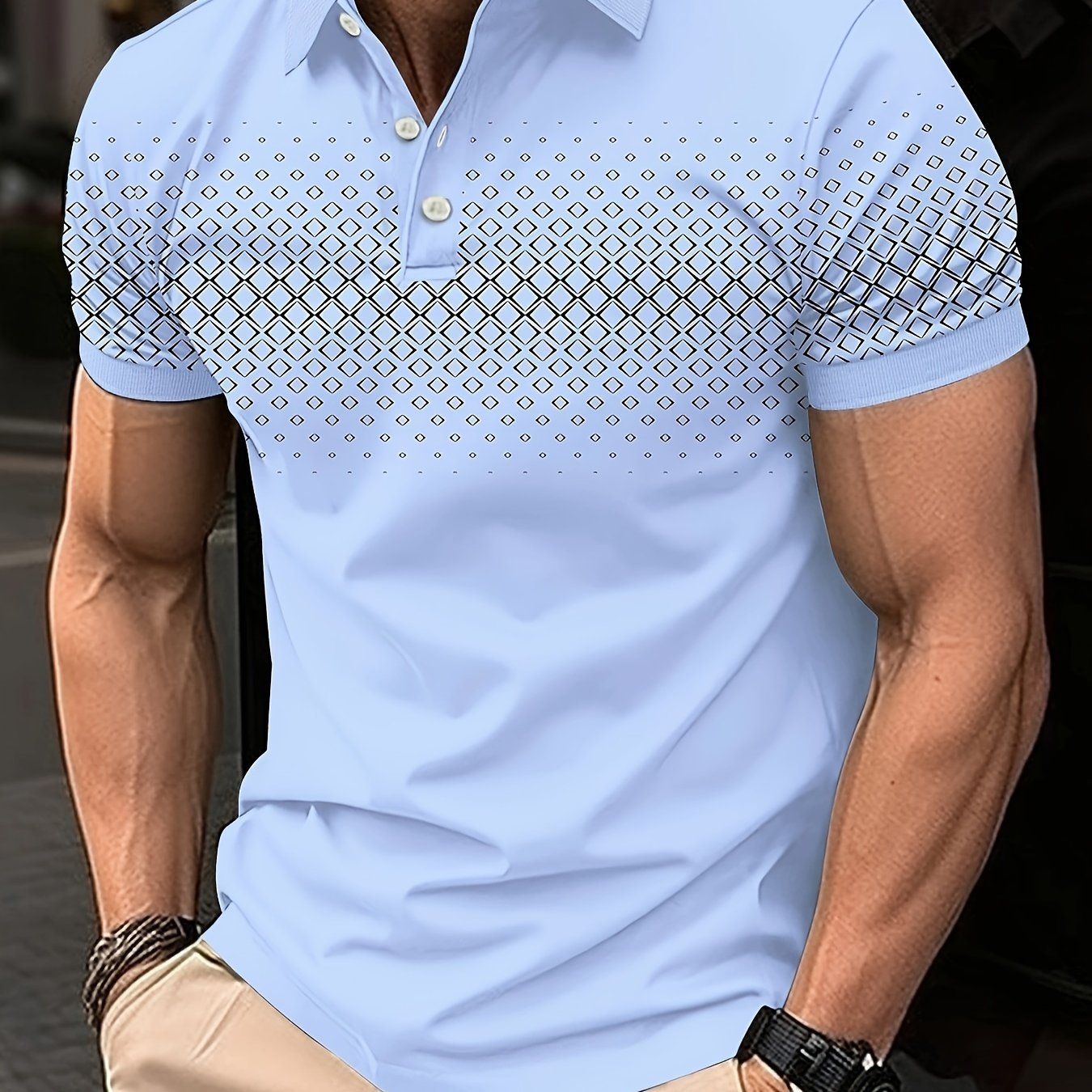 Summer Golf T-Shirt for Men - Crew Neck, Short Sleeve, Polyester, Regular Fit, Geometric Argyle Pattern, Button Placket, Slight Stretch, Breathable, Casual Tee for Tennis and Business - La Tienda Bella