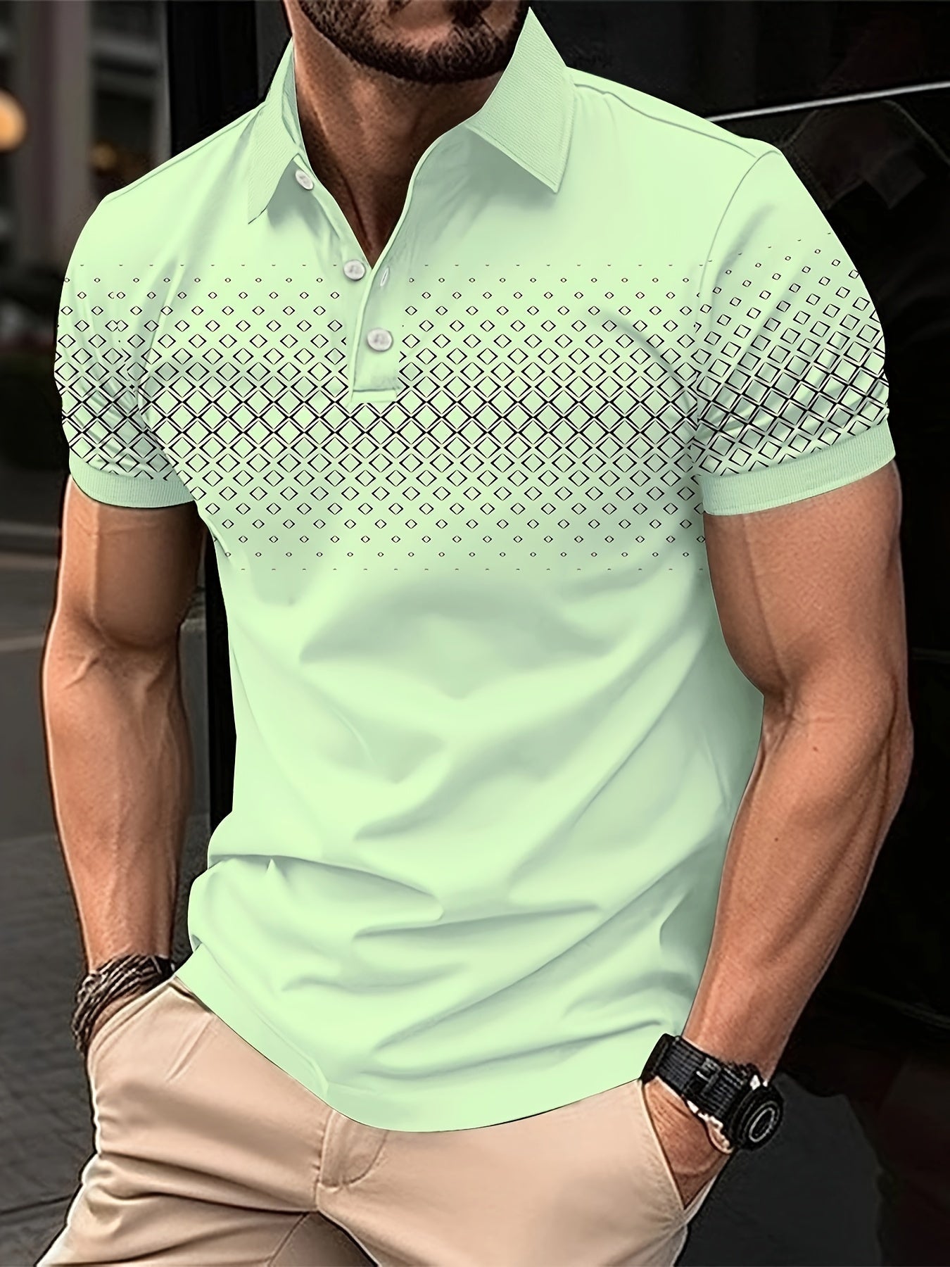 Summer Golf T-Shirt for Men - Crew Neck, Short Sleeve, Polyester, Regular Fit, Geometric Argyle Pattern, Button Placket, Slight Stretch, Breathable, Casual Tee for Tennis and Business - La Tienda Bella