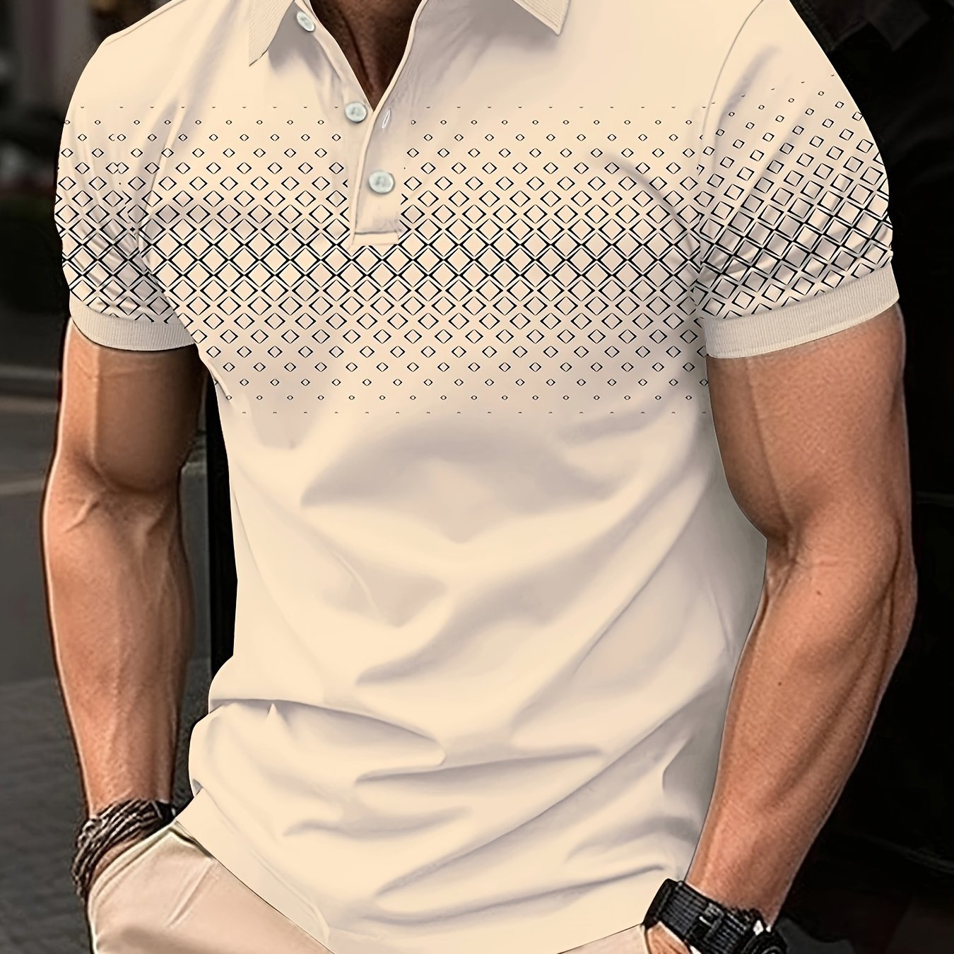 Summer Golf T-Shirt for Men - Crew Neck, Short Sleeve, Polyester, Regular Fit, Geometric Argyle Pattern, Button Placket, Slight Stretch, Breathable, Casual Tee for Tennis and Business - La Tienda Bella