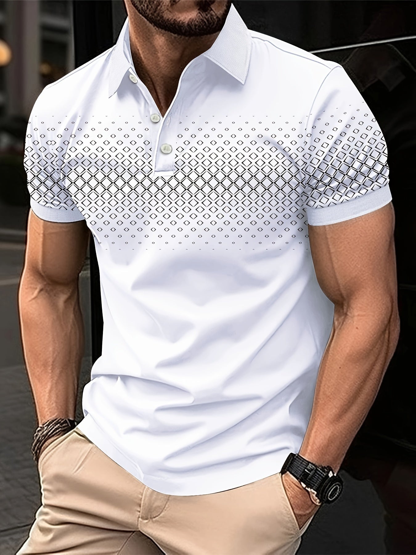 Summer Golf T-Shirt for Men - Crew Neck, Short Sleeve, Polyester, Regular Fit, Geometric Argyle Pattern, Button Placket, Slight Stretch, Breathable, Casual Tee for Tennis and Business - La Tienda Bella