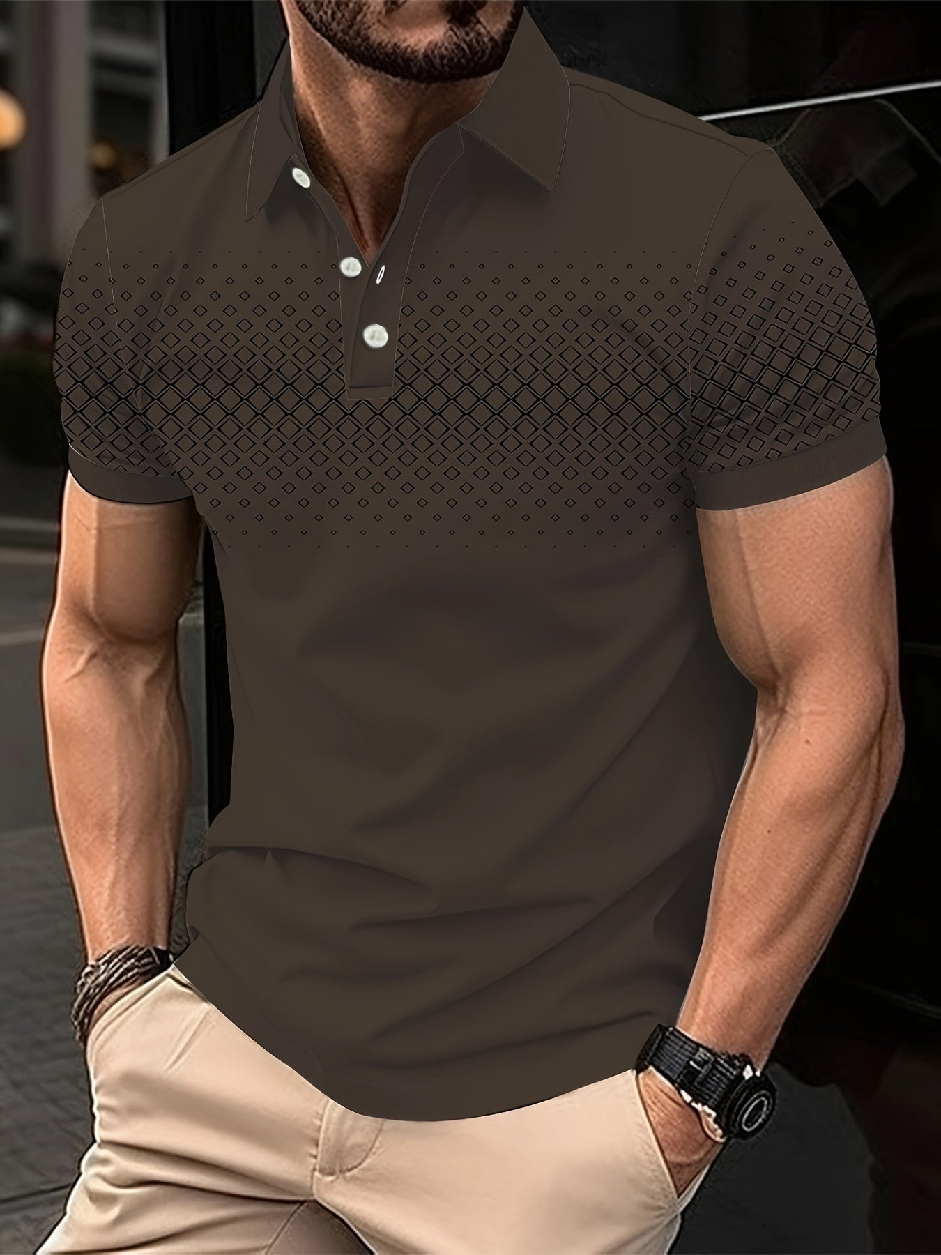 Summer Golf T-Shirt for Men - Crew Neck, Short Sleeve, Polyester, Regular Fit, Geometric Argyle Pattern, Button Placket, Slight Stretch, Breathable, Casual Tee for Tennis and Business - La Tienda Bella