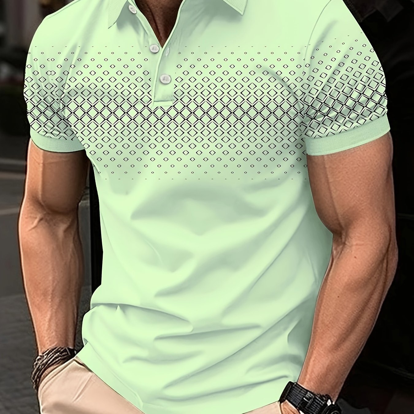 Summer Golf T-Shirt for Men - Crew Neck, Short Sleeve, Polyester, Regular Fit, Geometric Argyle Pattern, Button Placket, Slight Stretch, Breathable, Casual Tee for Tennis and Business - La Tienda Bella