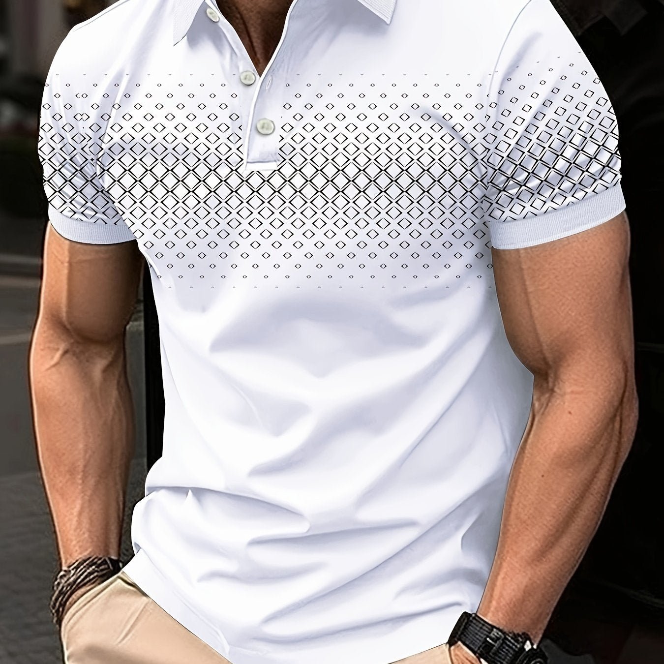 Summer Golf T-Shirt for Men - Crew Neck, Short Sleeve, Polyester, Regular Fit, Geometric Argyle Pattern, Button Placket, Slight Stretch, Breathable, Casual Tee for Tennis and Business - La Tienda Bella