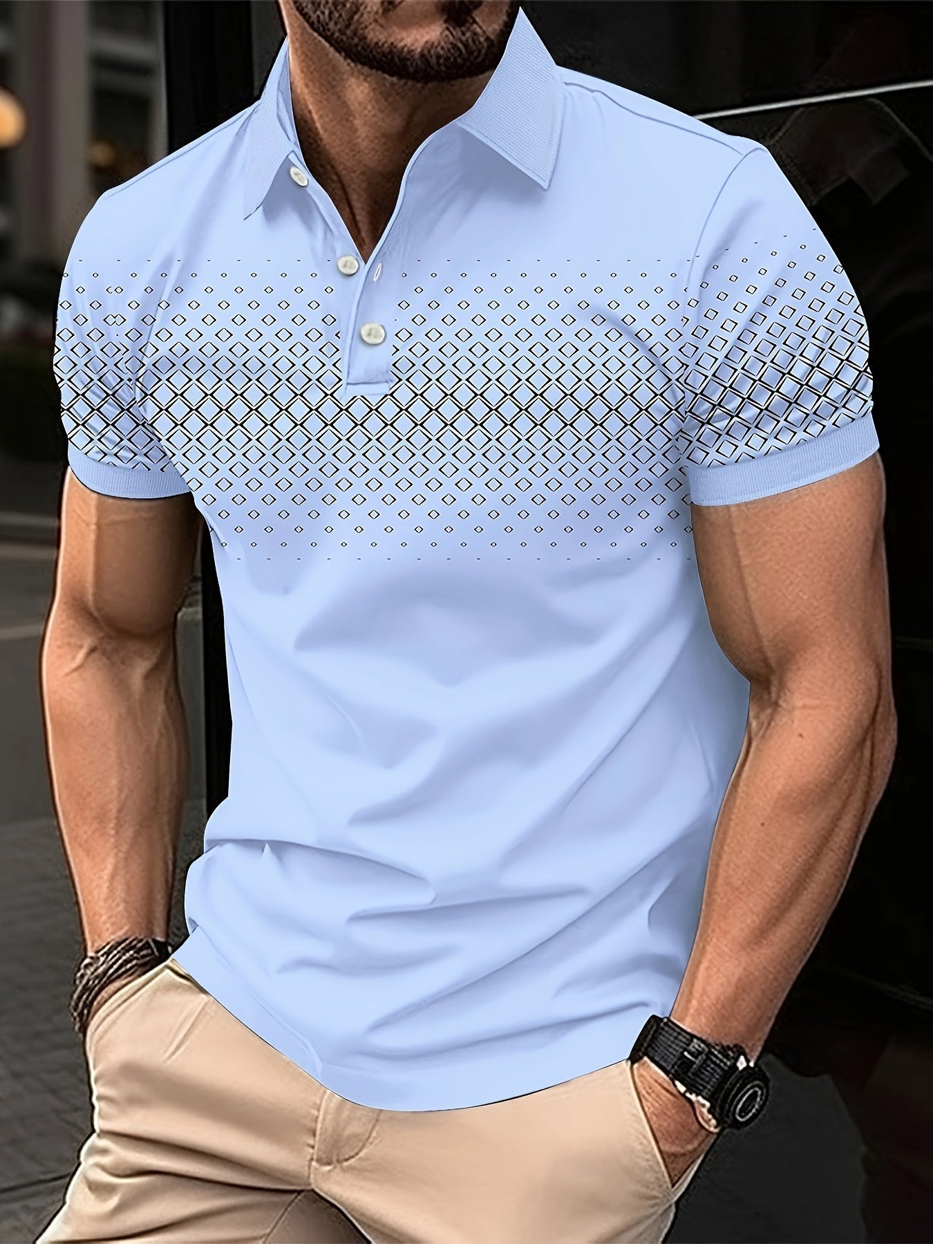 Summer Golf T-Shirt for Men - Crew Neck, Short Sleeve, Polyester, Regular Fit, Geometric Argyle Pattern, Button Placket, Slight Stretch, Breathable, Casual Tee for Tennis and Business - La Tienda Bella