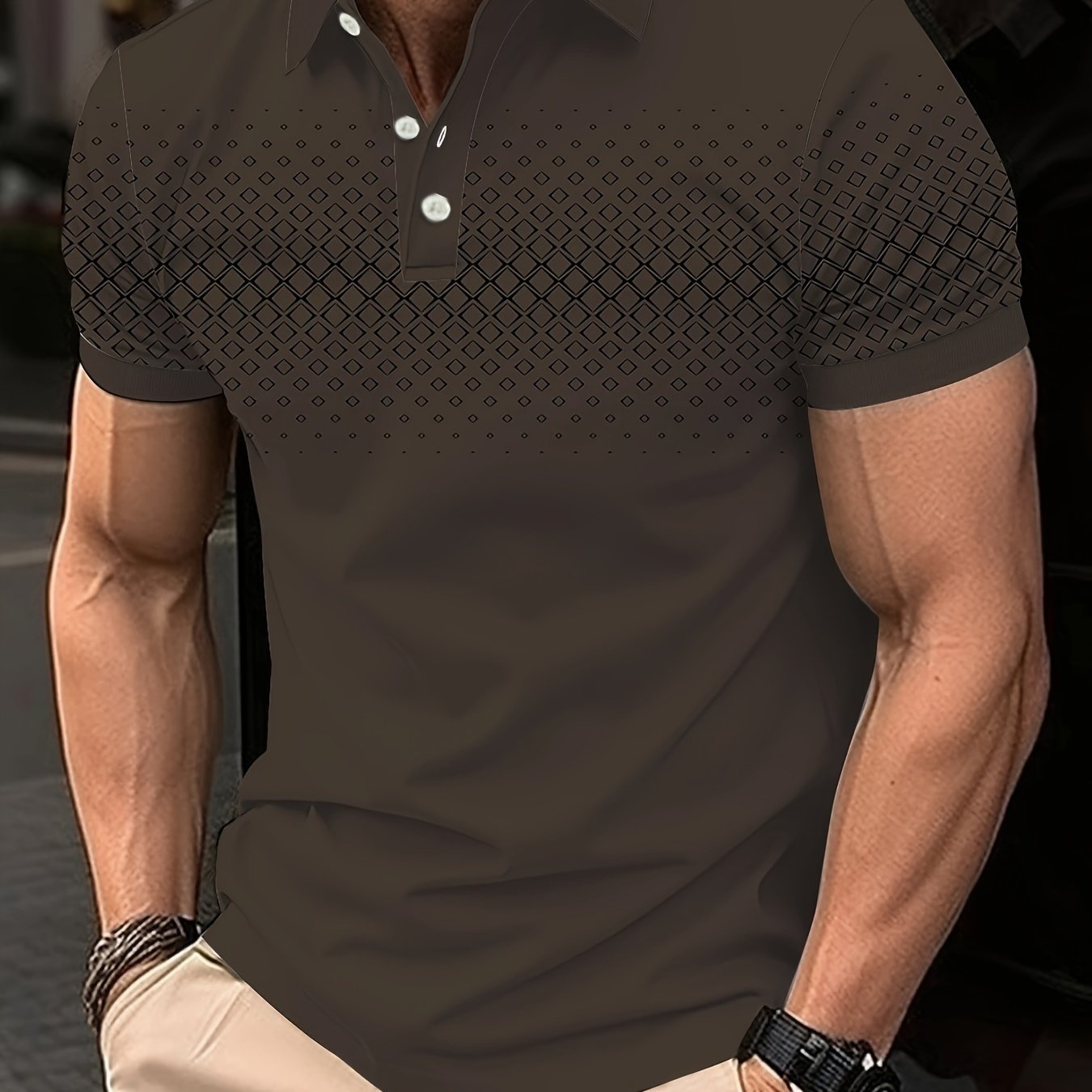 Summer Golf T-Shirt for Men - Crew Neck, Short Sleeve, Polyester, Regular Fit, Geometric Argyle Pattern, Button Placket, Slight Stretch, Breathable, Casual Tee for Tennis and Business - La Tienda Bella