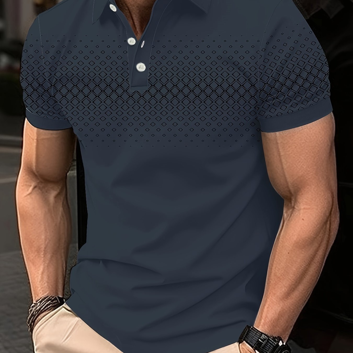Summer Golf T-Shirt for Men - Crew Neck, Short Sleeve, Polyester, Regular Fit, Geometric Argyle Pattern, Button Placket, Slight Stretch, Breathable, Casual Tee for Tennis and Business - La Tienda Bella