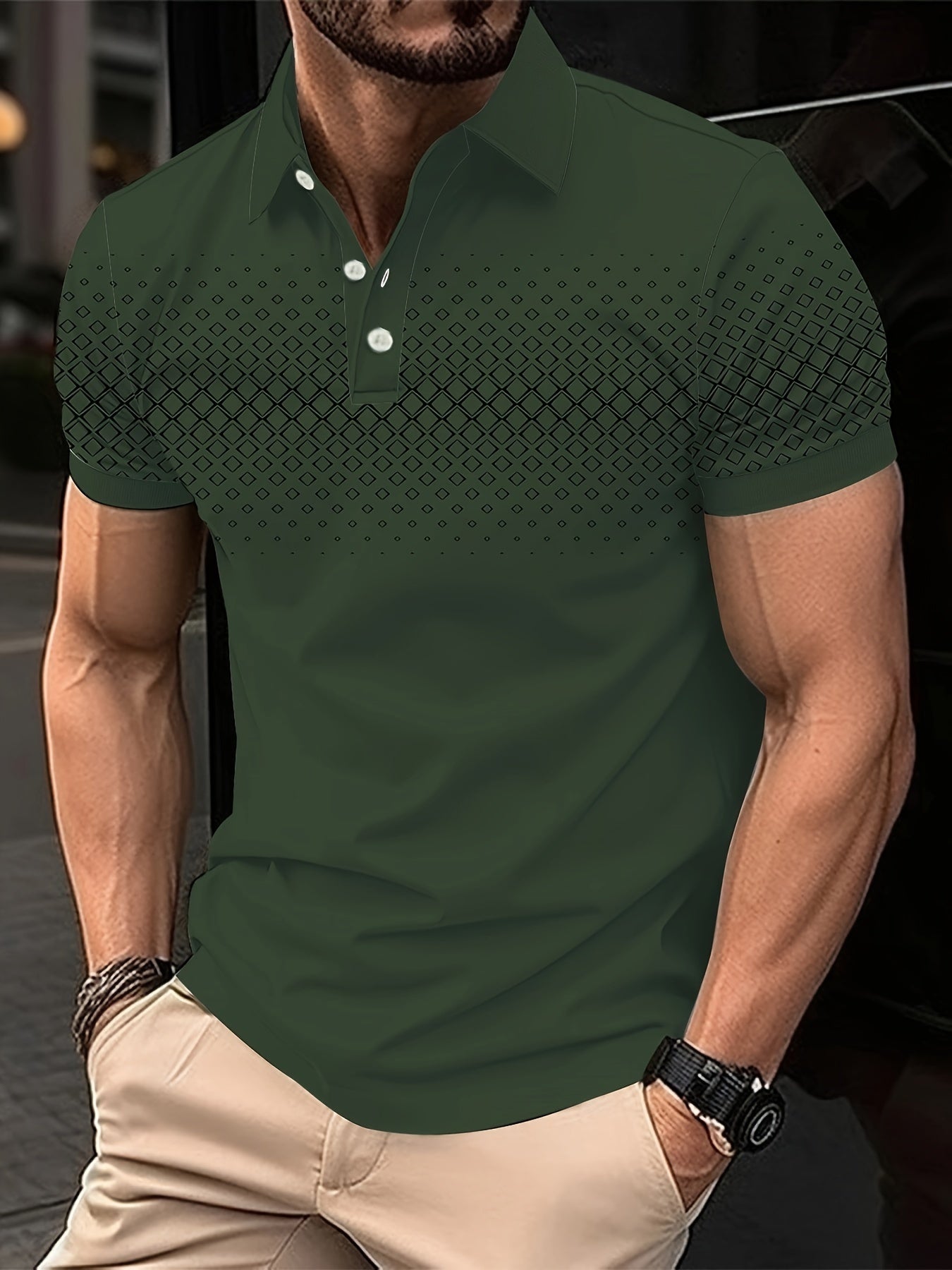 Summer Golf T-Shirt for Men - Crew Neck, Short Sleeve, Polyester, Regular Fit, Geometric Argyle Pattern, Button Placket, Slight Stretch, Breathable, Casual Tee for Tennis and Business - La Tienda Bella