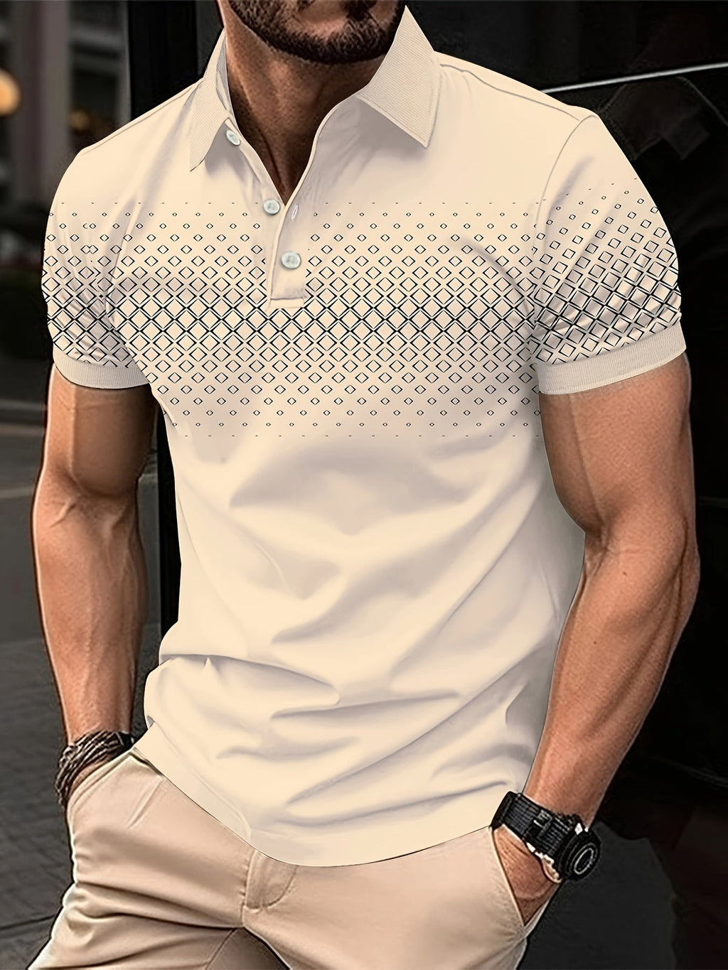 Summer Golf T-Shirt for Men - Crew Neck, Short Sleeve, Polyester, Regular Fit, Geometric Argyle Pattern, Button Placket, Slight Stretch, Breathable, Casual Tee for Tennis and Business - La Tienda Bella