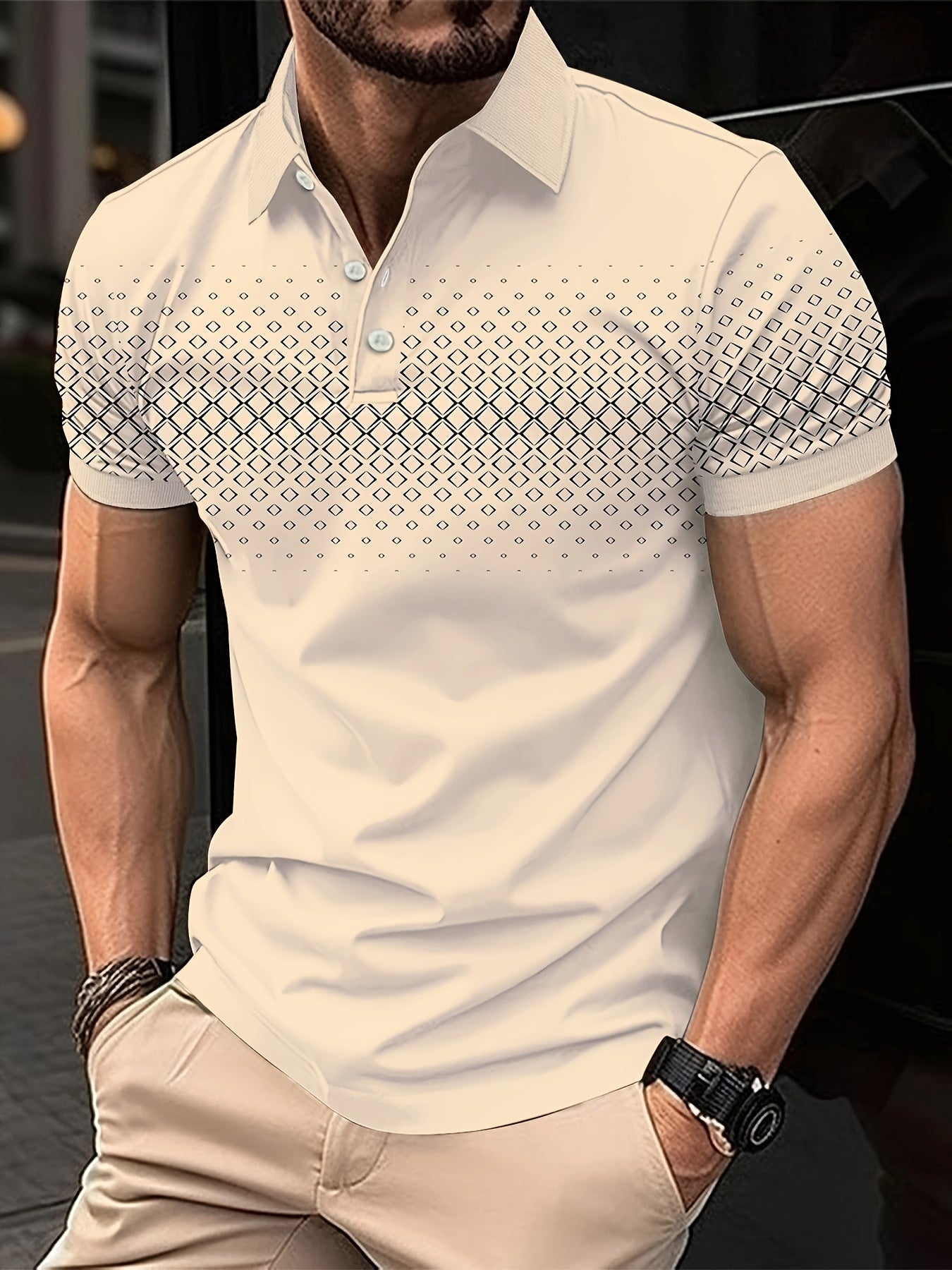 Summer Golf T-Shirt for Men - Crew Neck, Short Sleeve, Polyester, Regular Fit, Geometric Argyle Pattern, Button Placket, Slight Stretch, Breathable, Casual Tee for Tennis and Business - La Tienda Bella