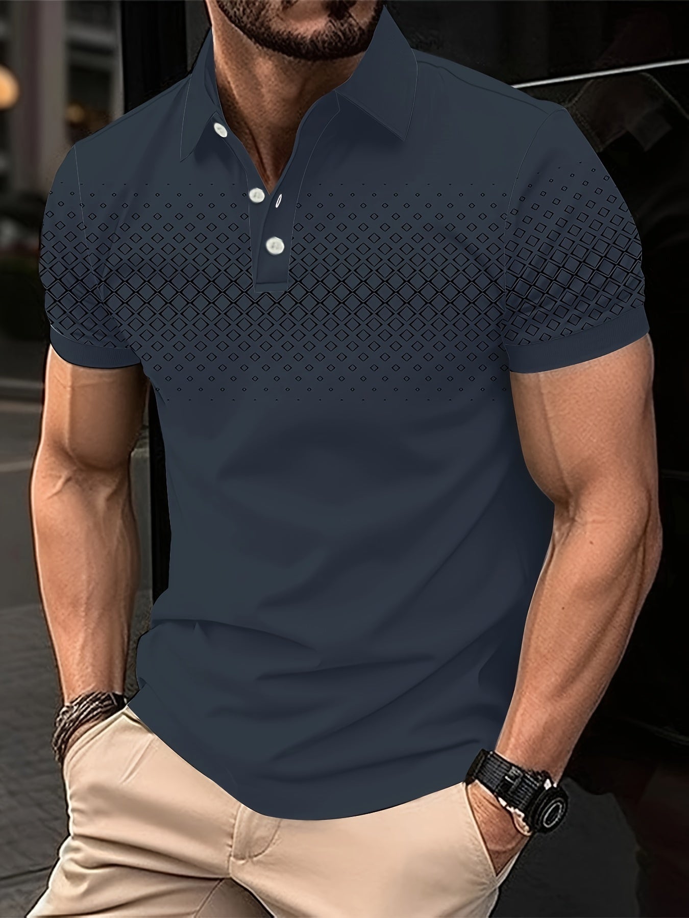Summer Golf T-Shirt for Men - Crew Neck, Short Sleeve, Polyester, Regular Fit, Geometric Argyle Pattern, Button Placket, Slight Stretch, Breathable, Casual Tee for Tennis and Business - La Tienda Bella