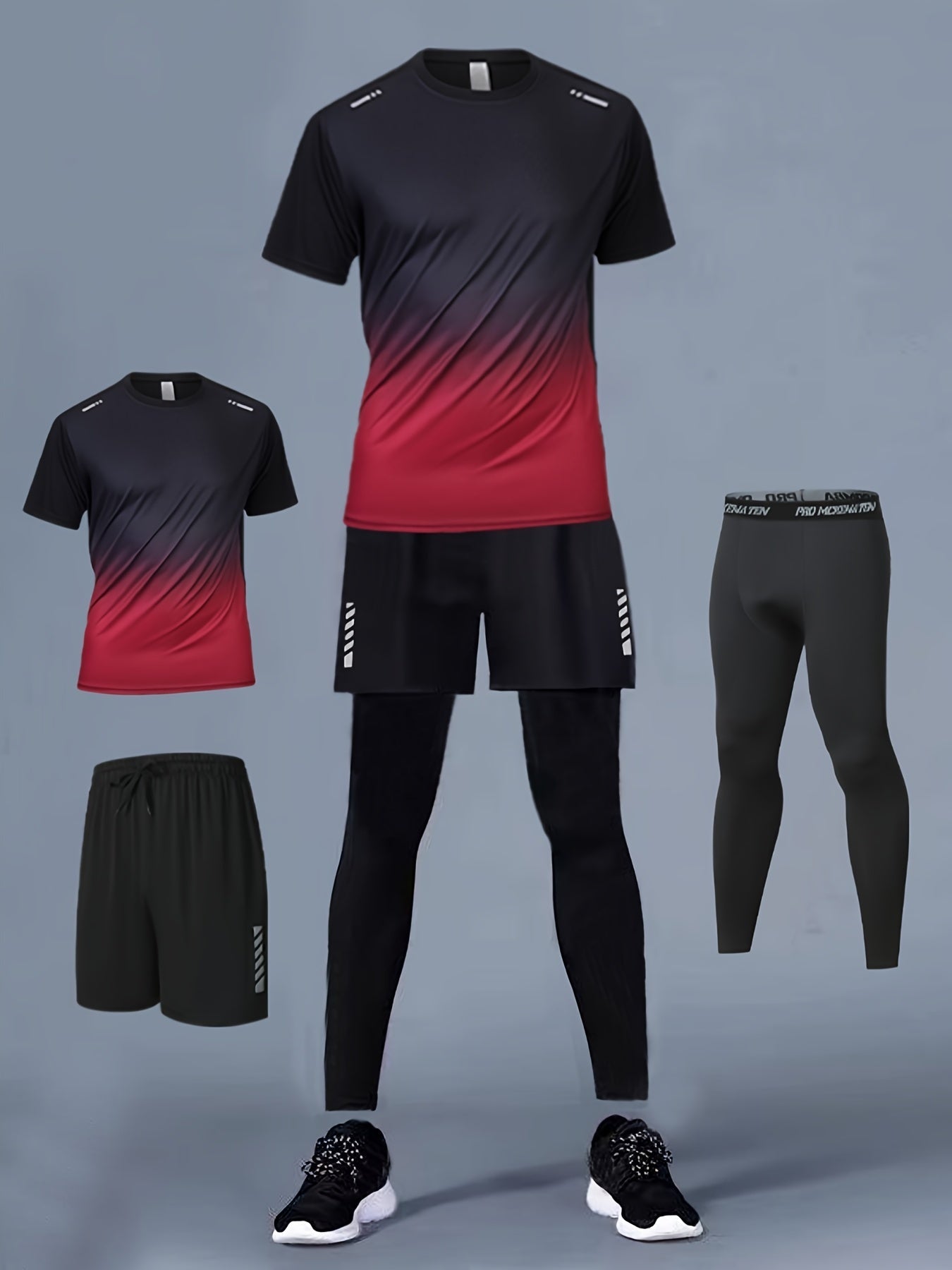 Three - Piece Sports Set for Men - Workout Top & Bottom Sets - Gradient Color Athletic Wear with Moisture - Wicking Top, Breathable Running Shorts, and High - Waisted Sports Leggings for Running, Basketball, Gym, and Fitness Traini - La Tienda Bella