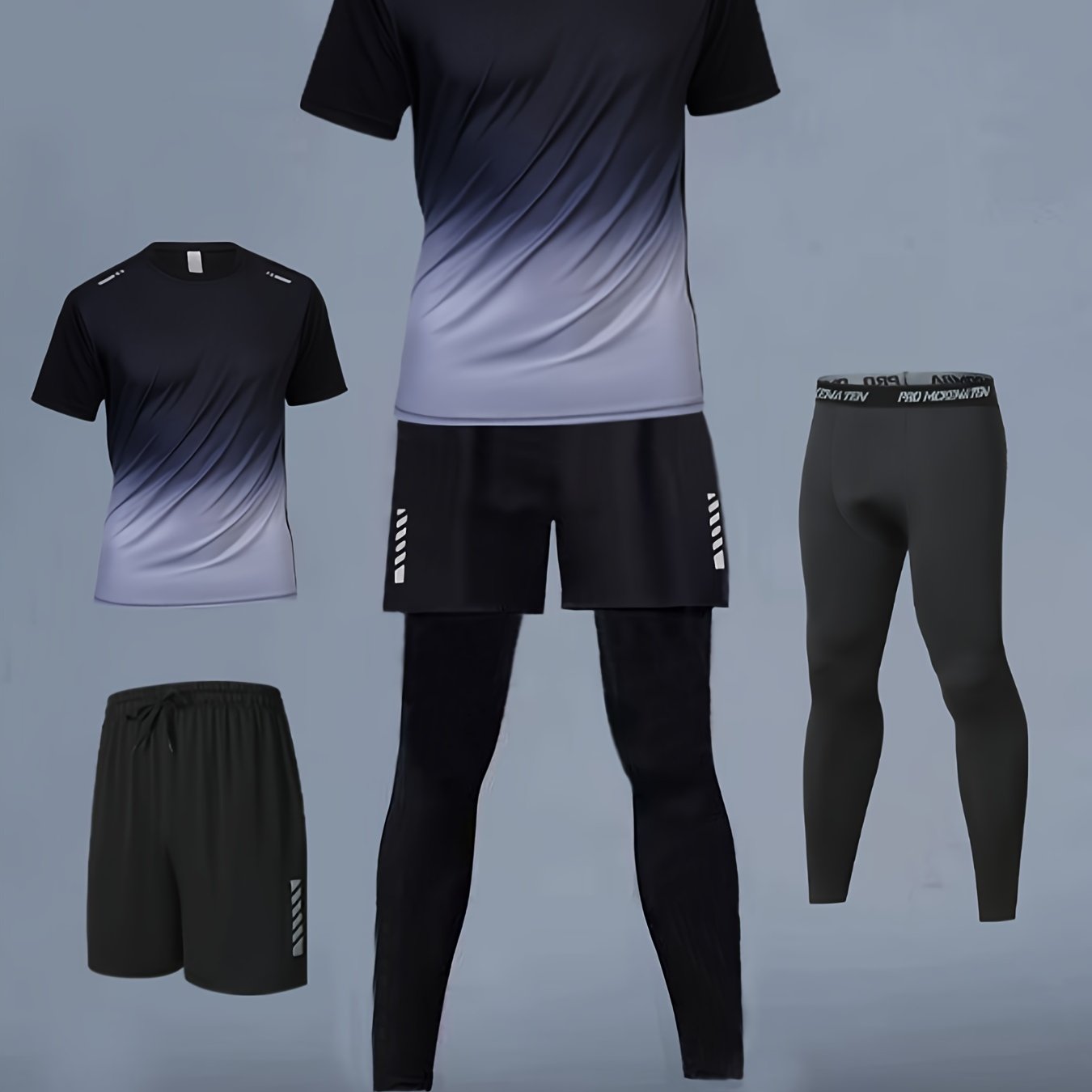Three - Piece Sports Set for Men - Workout Top & Bottom Sets - Gradient Color Athletic Wear with Moisture - Wicking Top, Breathable Running Shorts, and High - Waisted Sports Leggings for Running, Basketball, Gym, and Fitness Traini - La Tienda Bella
