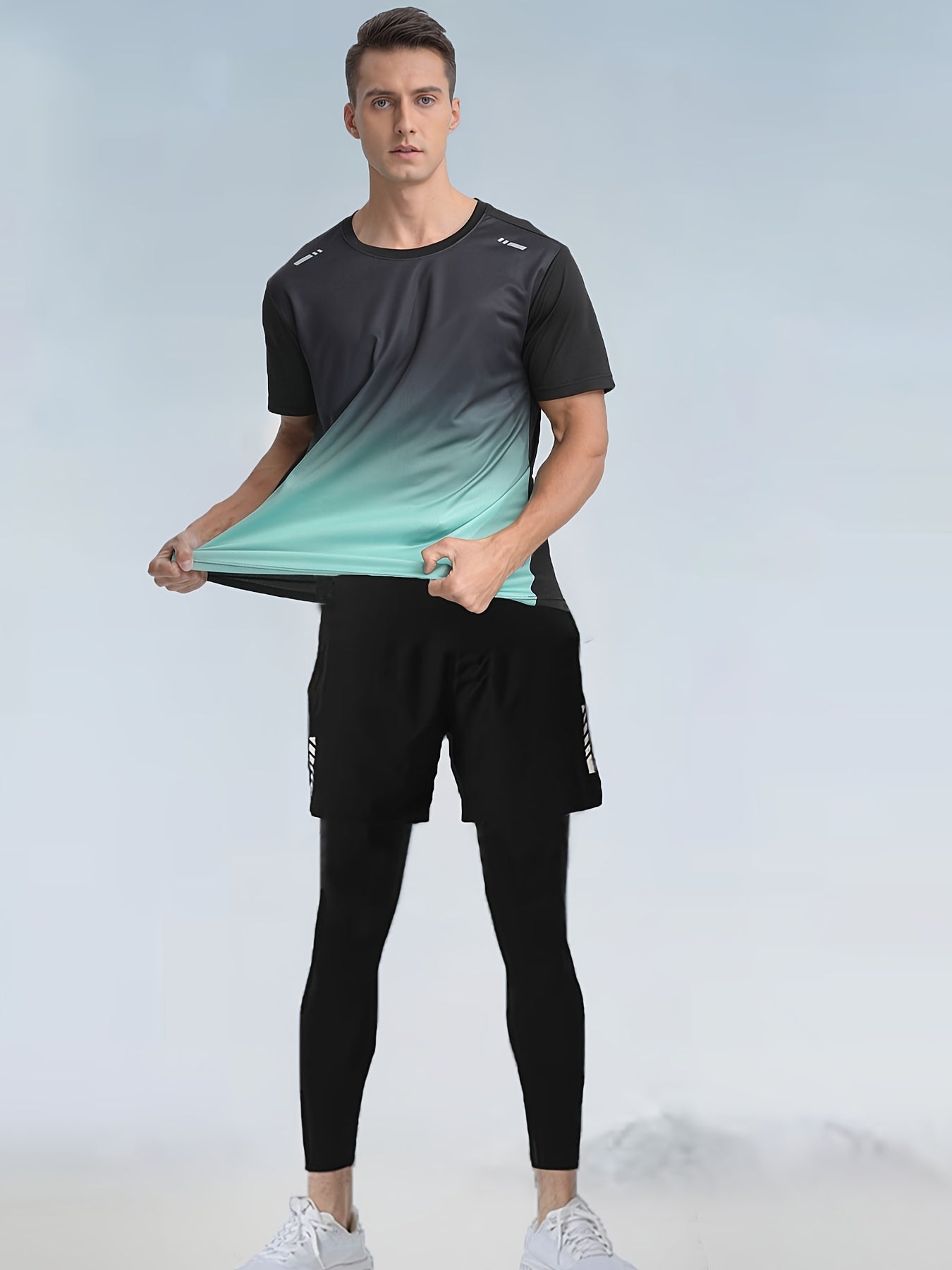Three - Piece Sports Set for Men - Workout Top & Bottom Sets - Gradient Color Athletic Wear with Moisture - Wicking Top, Breathable Running Shorts, and High - Waisted Sports Leggings for Running, Basketball, Gym, and Fitness Traini - La Tienda Bella