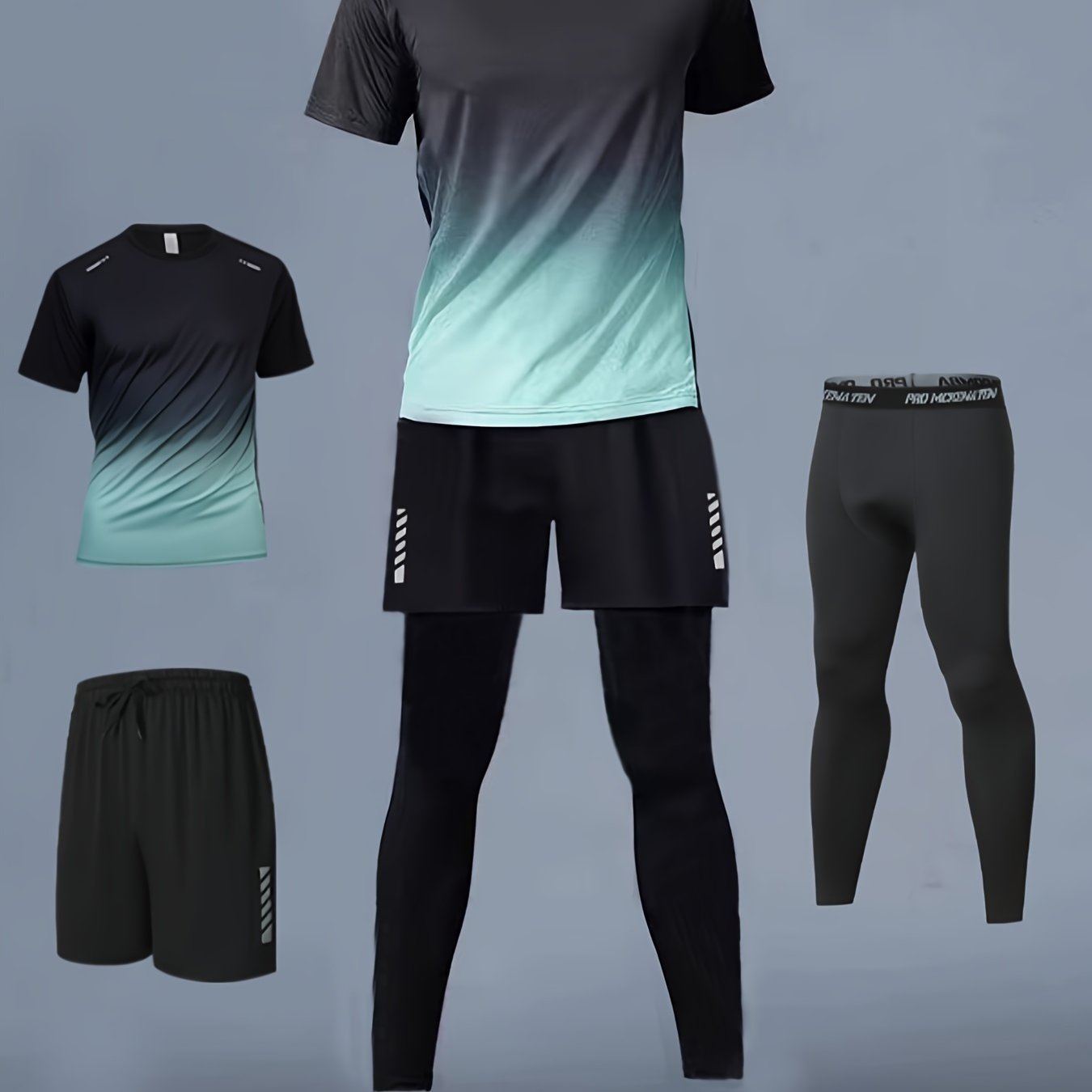 Three - Piece Sports Set for Men - Workout Top & Bottom Sets - Gradient Color Athletic Wear with Moisture - Wicking Top, Breathable Running Shorts, and High - Waisted Sports Leggings for Running, Basketball, Gym, and Fitness Traini - La Tienda Bella