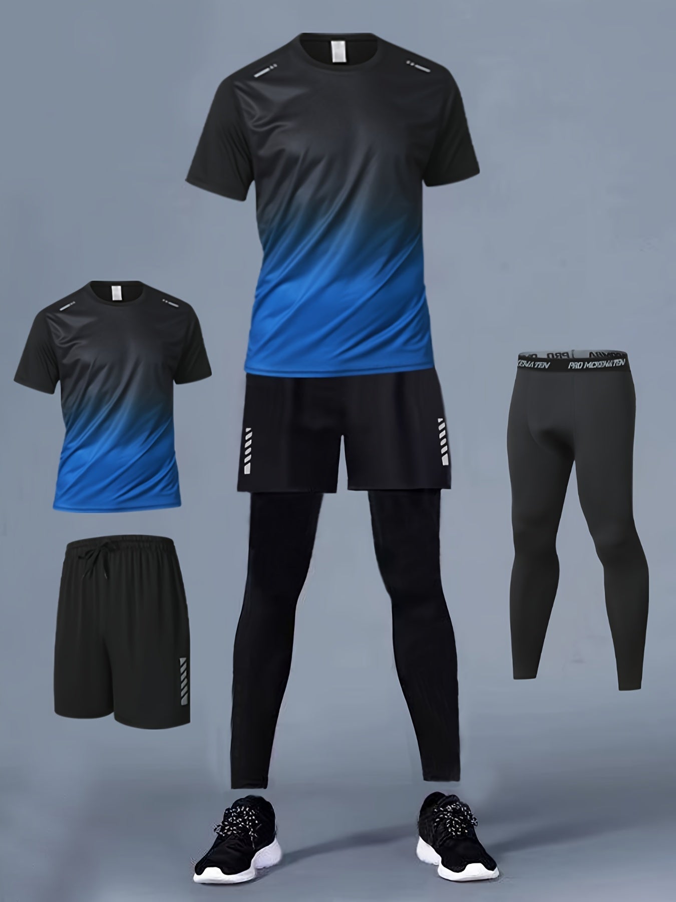 Three - Piece Sports Set for Men - Workout Top & Bottom Sets - Gradient Color Athletic Wear with Moisture - Wicking Top, Breathable Running Shorts, and High - Waisted Sports Leggings for Running, Basketball, Gym, and Fitness Traini - La Tienda Bella