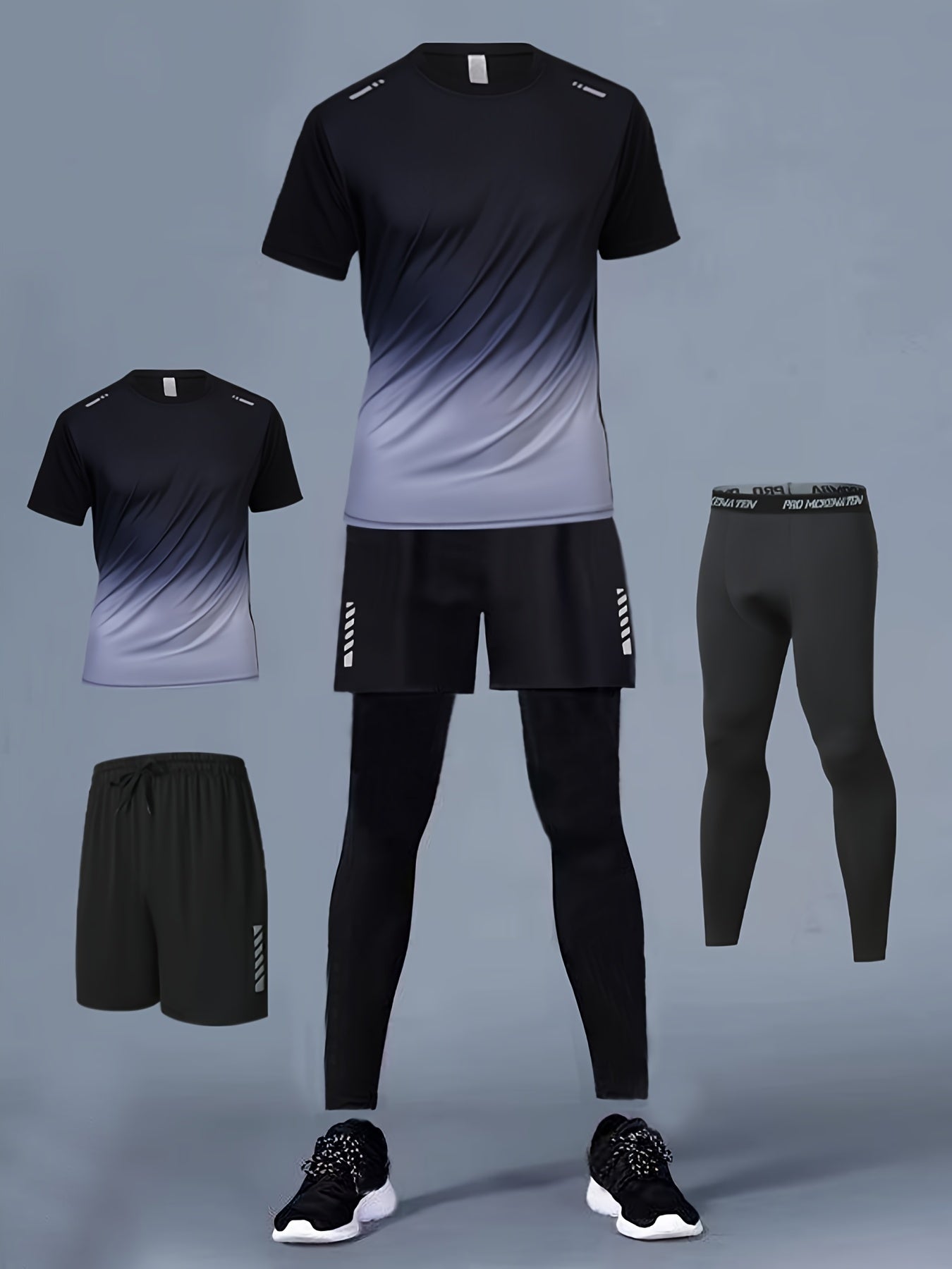 Three - Piece Sports Set for Men - Workout Top & Bottom Sets - Gradient Color Athletic Wear with Moisture - Wicking Top, Breathable Running Shorts, and High - Waisted Sports Leggings for Running, Basketball, Gym, and Fitness Traini - La Tienda Bella