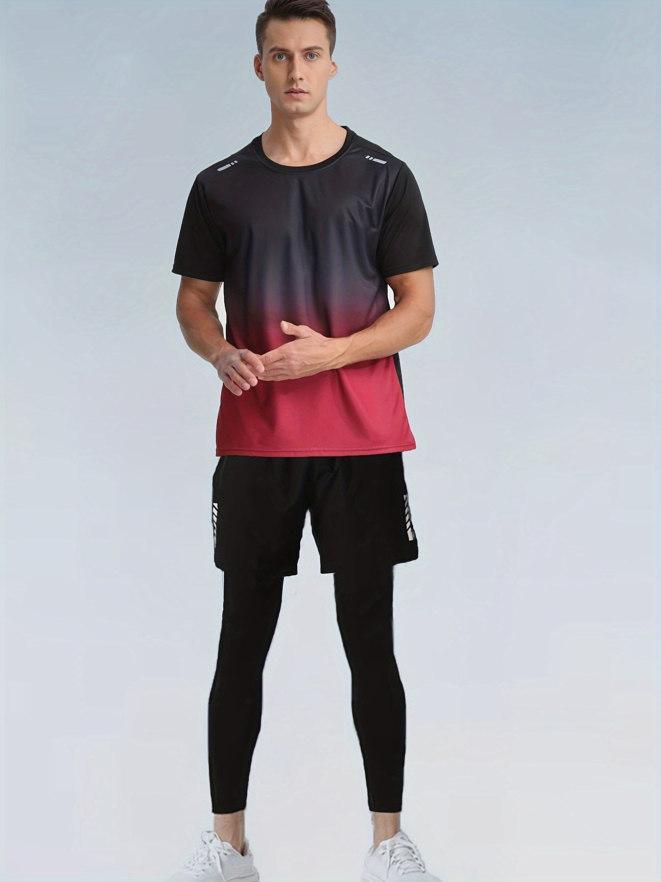 Three - Piece Sports Set for Men - Workout Top & Bottom Sets - Gradient Color Athletic Wear with Moisture - Wicking Top, Breathable Running Shorts, and High - Waisted Sports Leggings for Running, Basketball, Gym, and Fitness Traini - La Tienda Bella