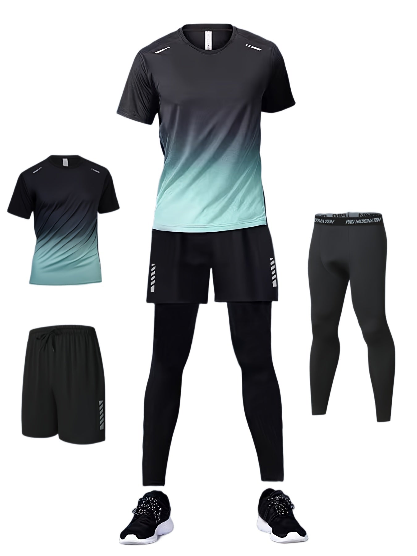 Three - Piece Sports Set for Men - Workout Top & Bottom Sets - Gradient Color Athletic Wear with Moisture - Wicking Top, Breathable Running Shorts, and High - Waisted Sports Leggings for Running, Basketball, Gym, and Fitness Traini - La Tienda Bella