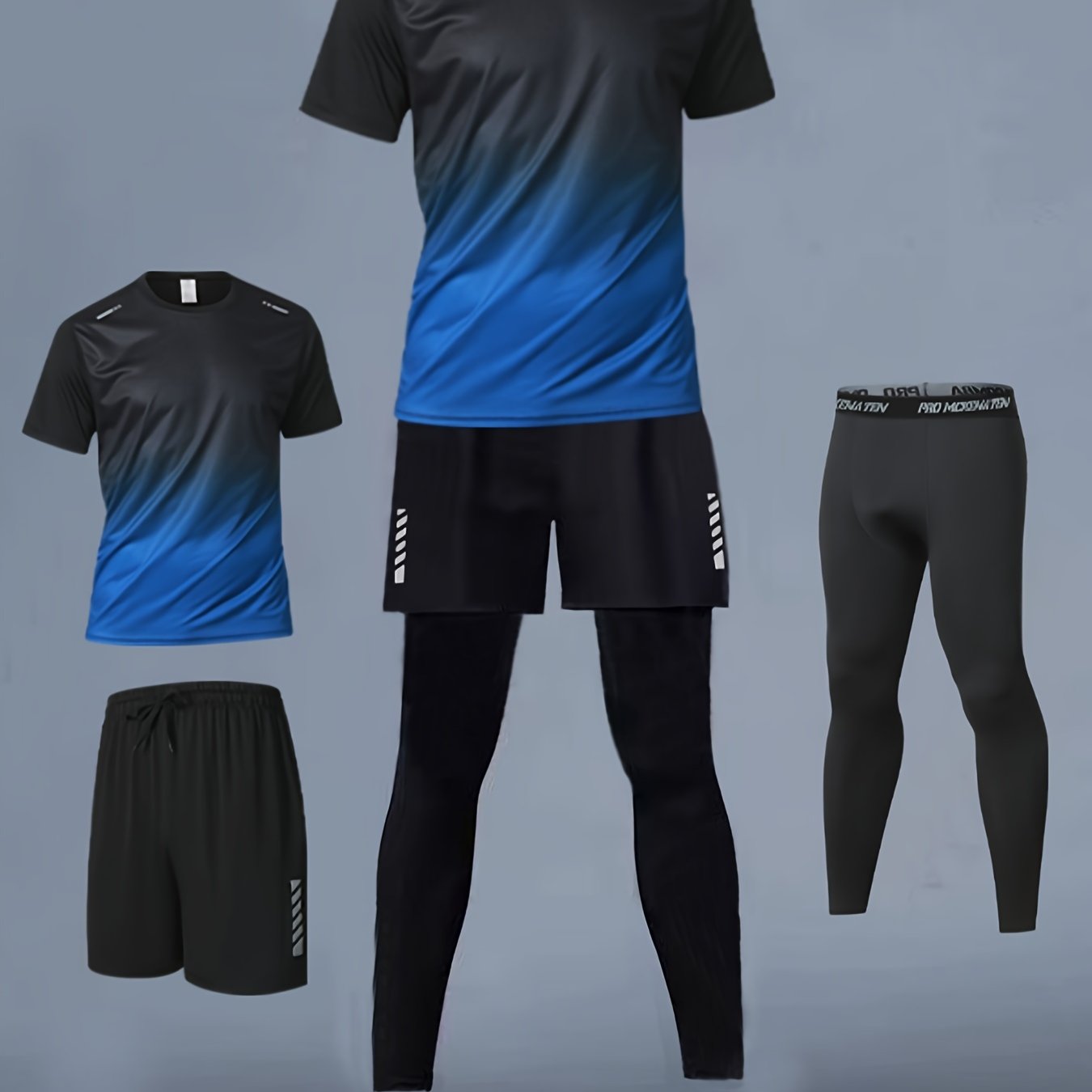 Three - Piece Sports Set for Men - Workout Top & Bottom Sets - Gradient Color Athletic Wear with Moisture - Wicking Top, Breathable Running Shorts, and High - Waisted Sports Leggings for Running, Basketball, Gym, and Fitness Traini - La Tienda Bella