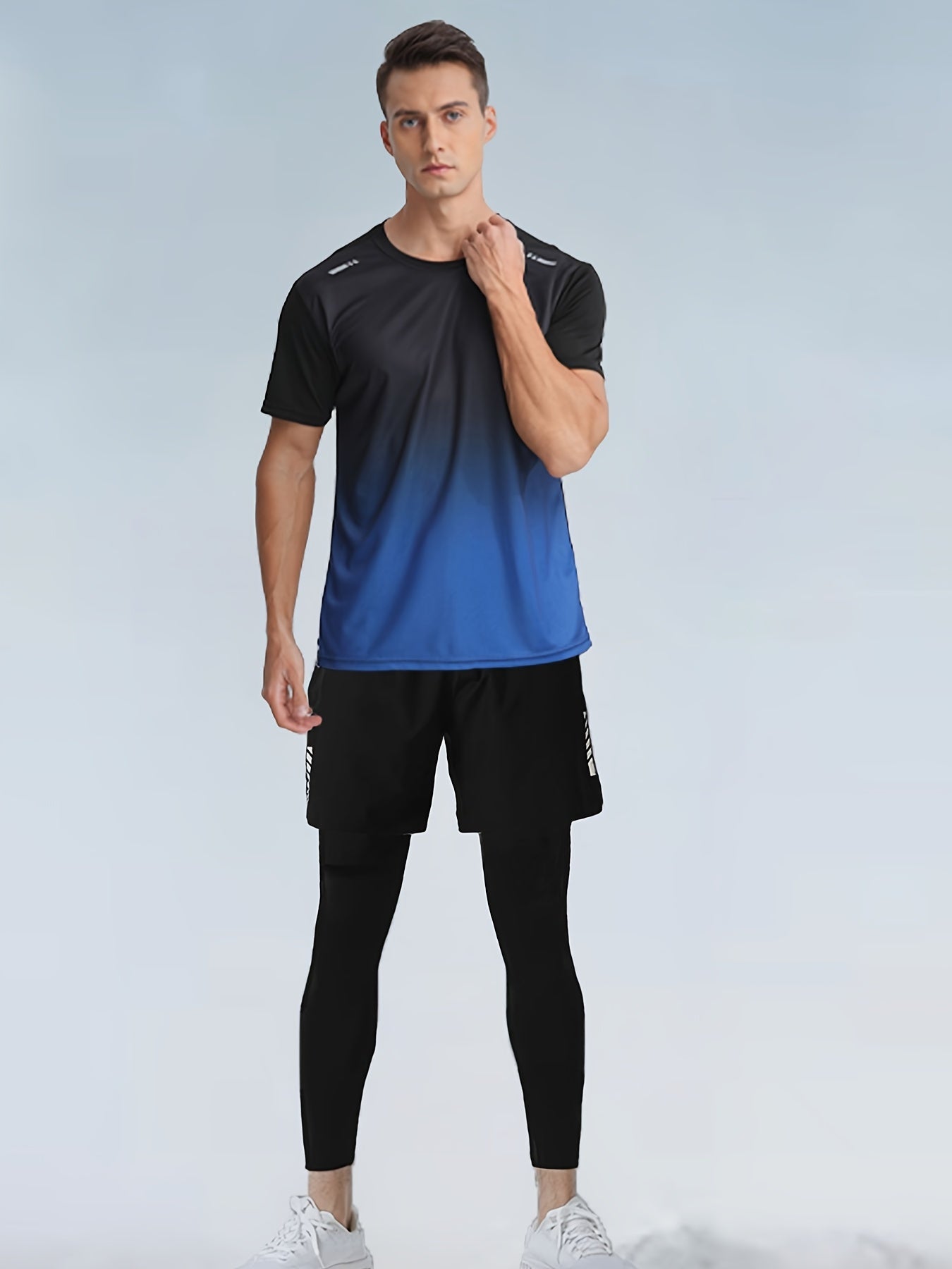 Three - Piece Sports Set for Men - Workout Top & Bottom Sets - Gradient Color Athletic Wear with Moisture - Wicking Top, Breathable Running Shorts, and High - Waisted Sports Leggings for Running, Basketball, Gym, and Fitness Traini - La Tienda Bella