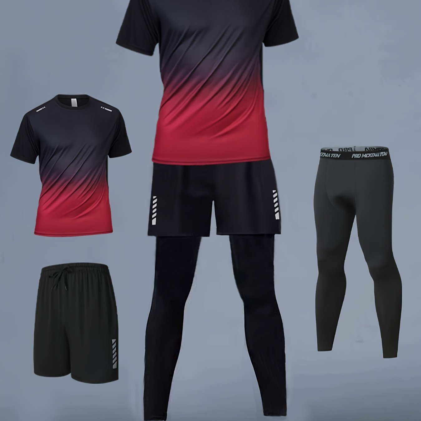 Three - Piece Sports Set for Men - Workout Top & Bottom Sets - Gradient Color Athletic Wear with Moisture - Wicking Top, Breathable Running Shorts, and High - Waisted Sports Leggings for Running, Basketball, Gym, and Fitness Traini - La Tienda Bella