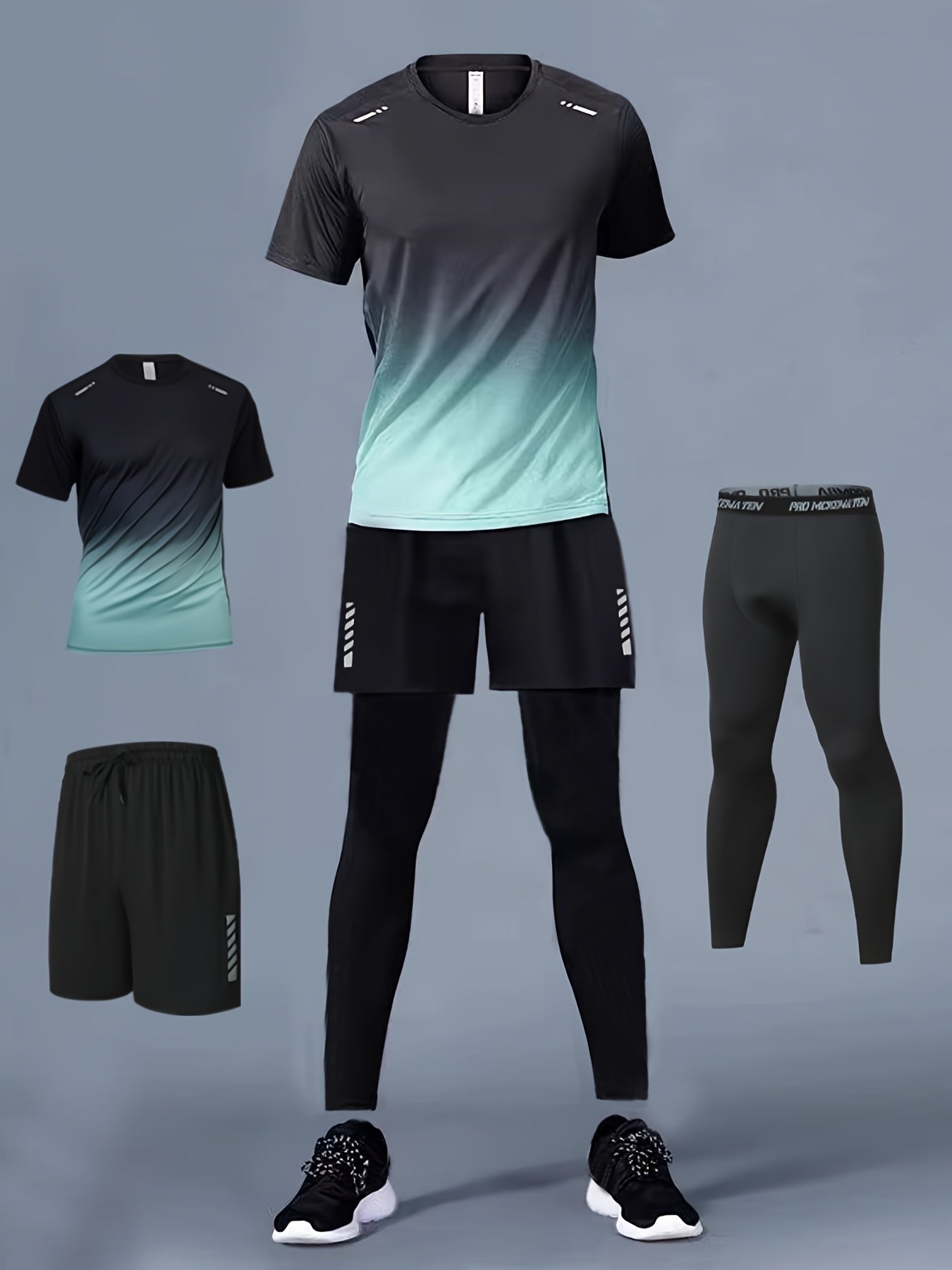 Three - Piece Sports Set for Men - Workout Top & Bottom Sets - Gradient Color Athletic Wear with Moisture - Wicking Top, Breathable Running Shorts, and High - Waisted Sports Leggings for Running, Basketball, Gym, and Fitness Traini - La Tienda Bella