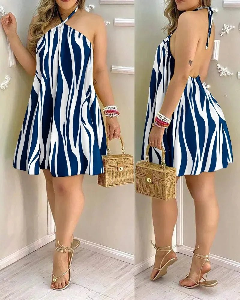 Tropical Print Halter Neck Dress – Backless Summer Vacation Dress for Women - La Tienda Bella