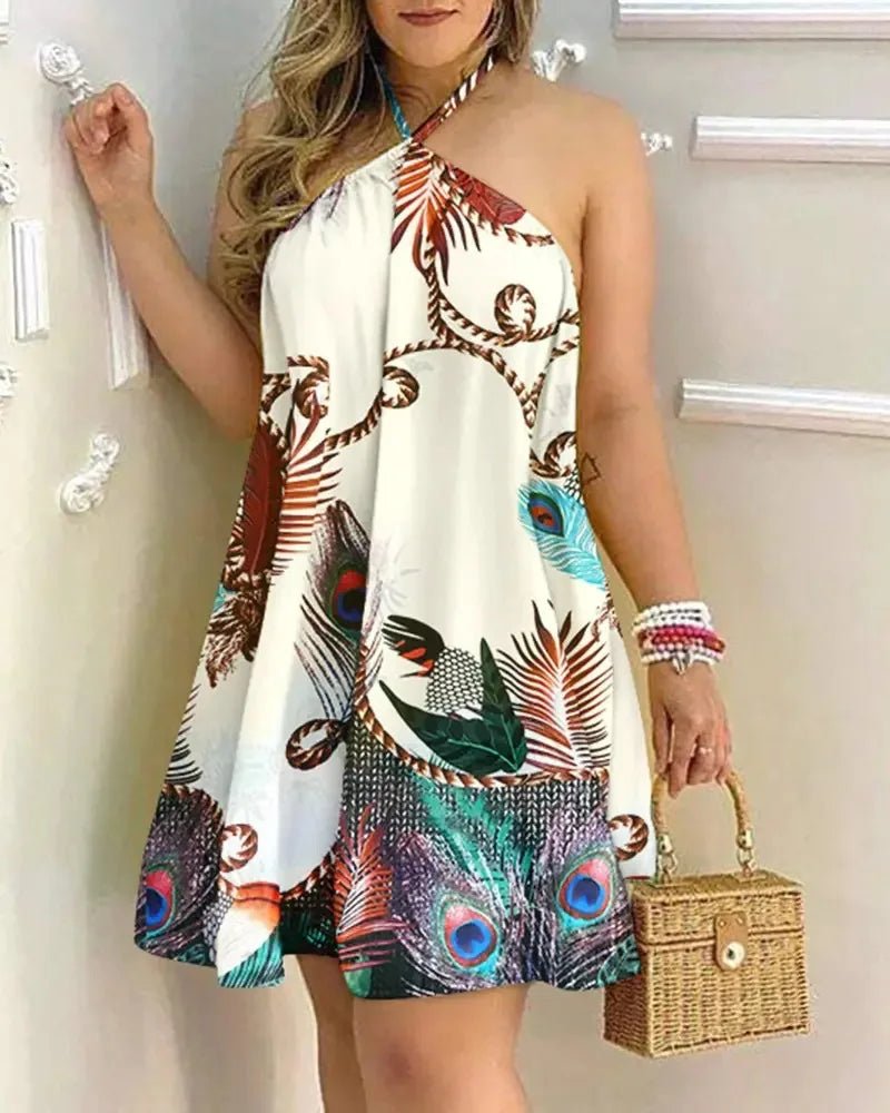 Tropical Print Halter Neck Dress – Backless Summer Vacation Dress for Women - La Tienda Bella