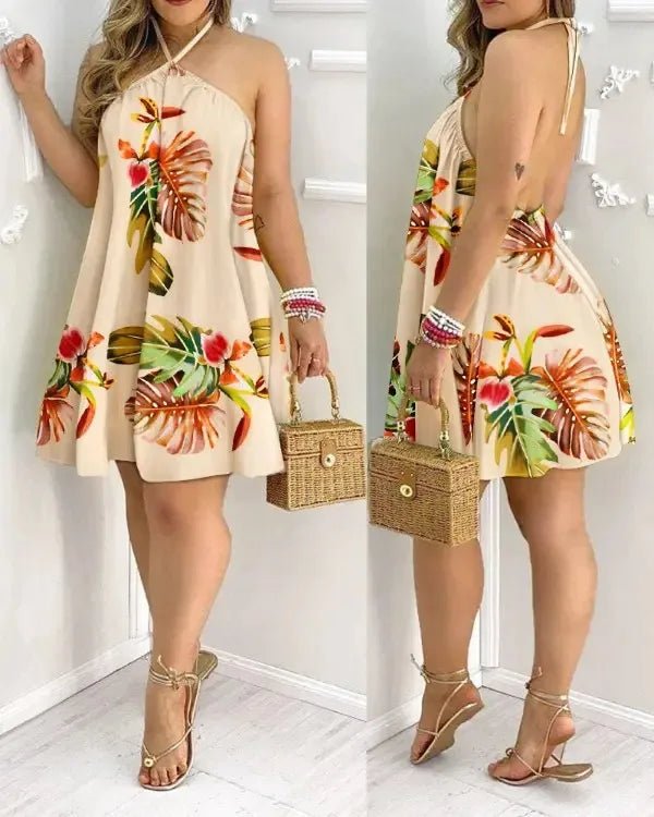 Tropical Print Halter Neck Dress – Backless Summer Vacation Dress for Women - La Tienda Bella