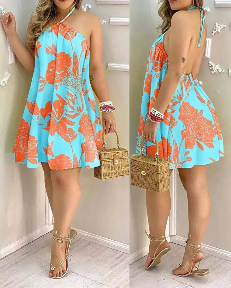 Tropical Print Halter Neck Dress – Backless Summer Vacation Dress for Women - La Tienda Bella