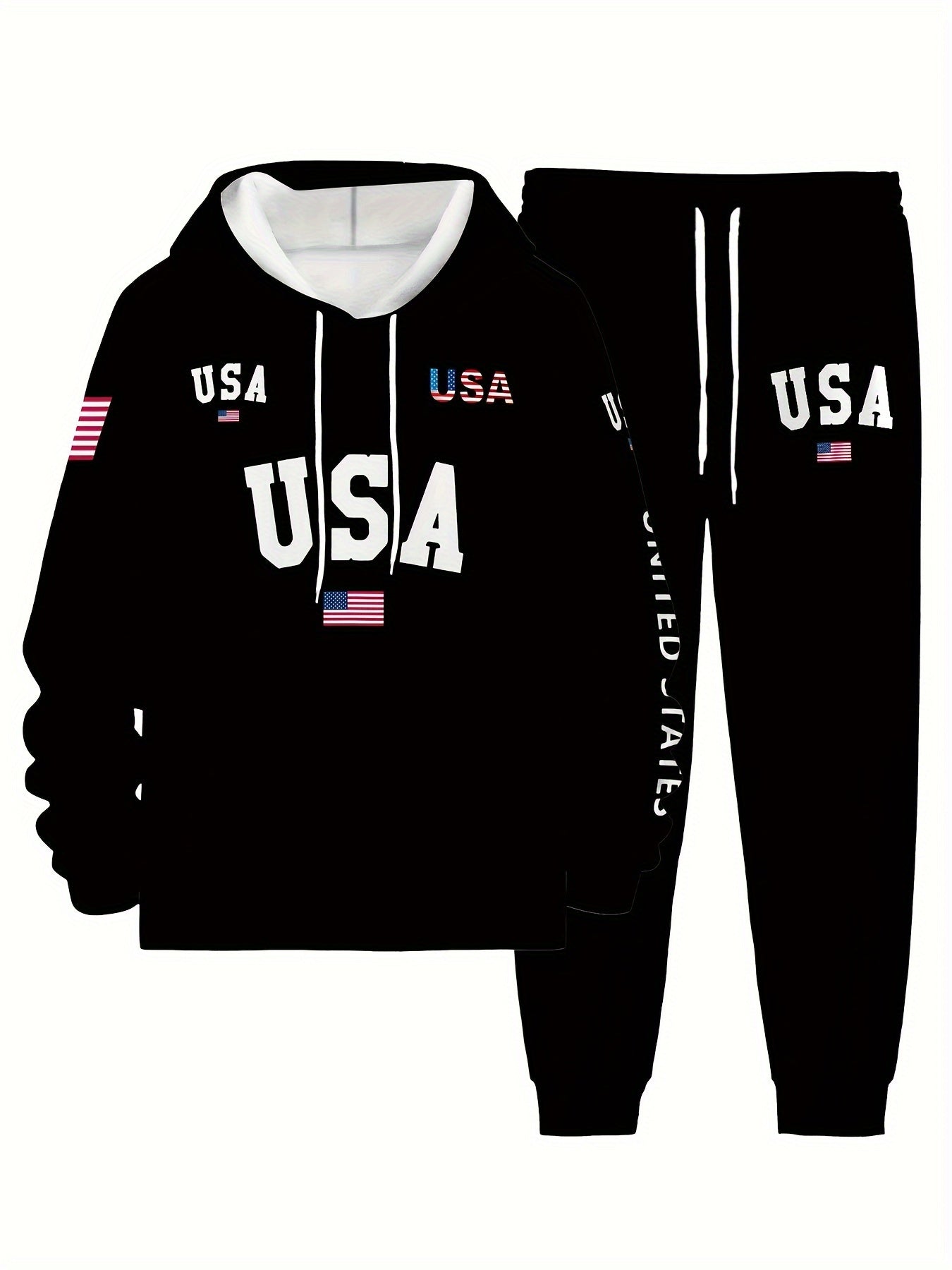 USA Letter Print Casual Hooded Sweatsuit Set for Men - 100% Polyester Long Sleeve Hoodie and Drawstring Joggers with Slight Stretch - Spring/Fall Outdoor Leisure Tracksuit - La Tienda Bella