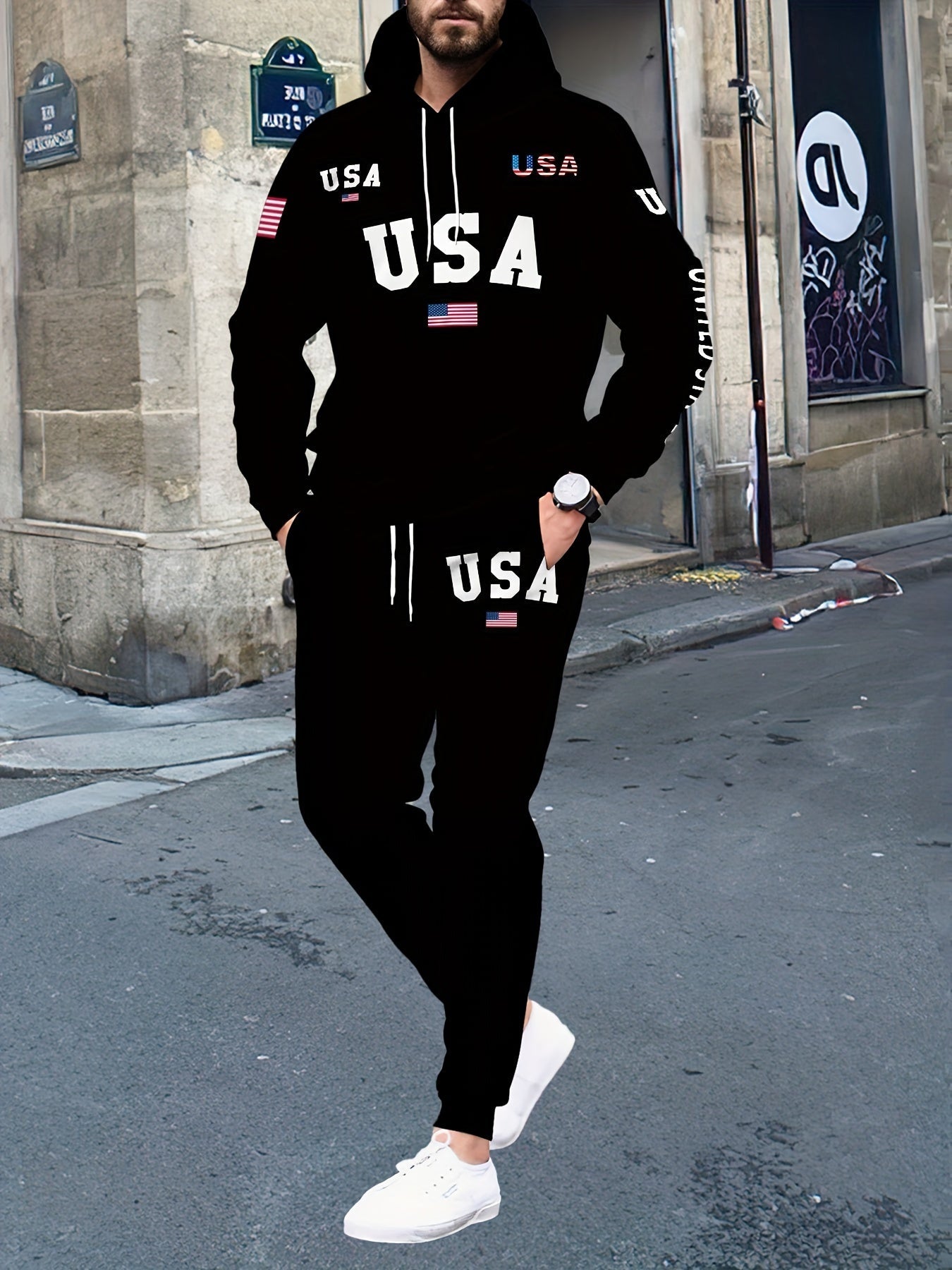 USA Letter Print Casual Hooded Sweatsuit Set for Men - 100% Polyester Long Sleeve Hoodie and Drawstring Joggers with Slight Stretch - Spring/Fall Outdoor Leisure Tracksuit - La Tienda Bella